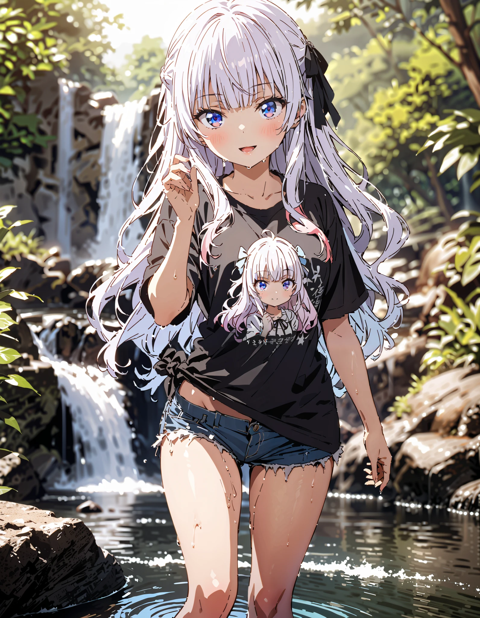 Alice Sakayanagi , Sakayanagi Alice, Alone, long hair, bangs, 紫色の目, Gray Hair, blunt bangs,smile,blush, open their mouths,oversized t-shirt,The hem of the shirt is tied, belly button out, denim micro shorts ,Bare legs, wet skin,Wet clothes, wet hair, sunlight filtering through the trees, playing in the water, is standing,river遊び,whole bodyがイラストに入るように,
break looking at viewer,whole body,
break outdoors, river,forest林,waterfall,forest,,
break (masterpiece:1.2), best quality, high resolution, Unity 8K Wallpaper, (figure:0.8), ( precise and beautiful eyes:1.6), Highly Detailed Face , perfect lighting, very precise CG, ( perfect hand, perfect anatomy),