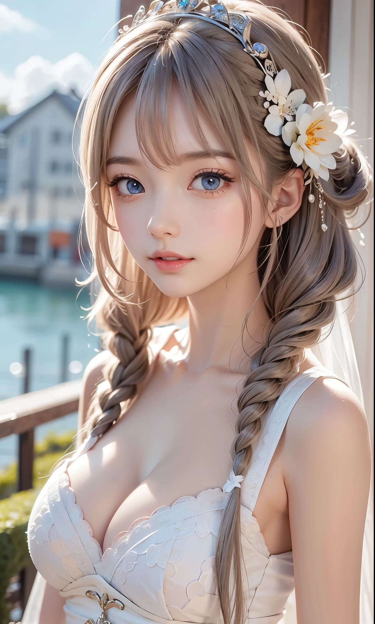 There is a woman in a wedding dress, artwork in the style of Gwaiz, Gwaiz on pixiv artstation, Gwaiz on artstation pixiv, Gwaiz, Fantasy art style, Gwaiz masterpiece, Beautiful and elegant queen, Beautiful character drawings, Detailed digital anime art, Blonde Princess, Gray Hair, Sky blue eyes, Pink Lips, from side