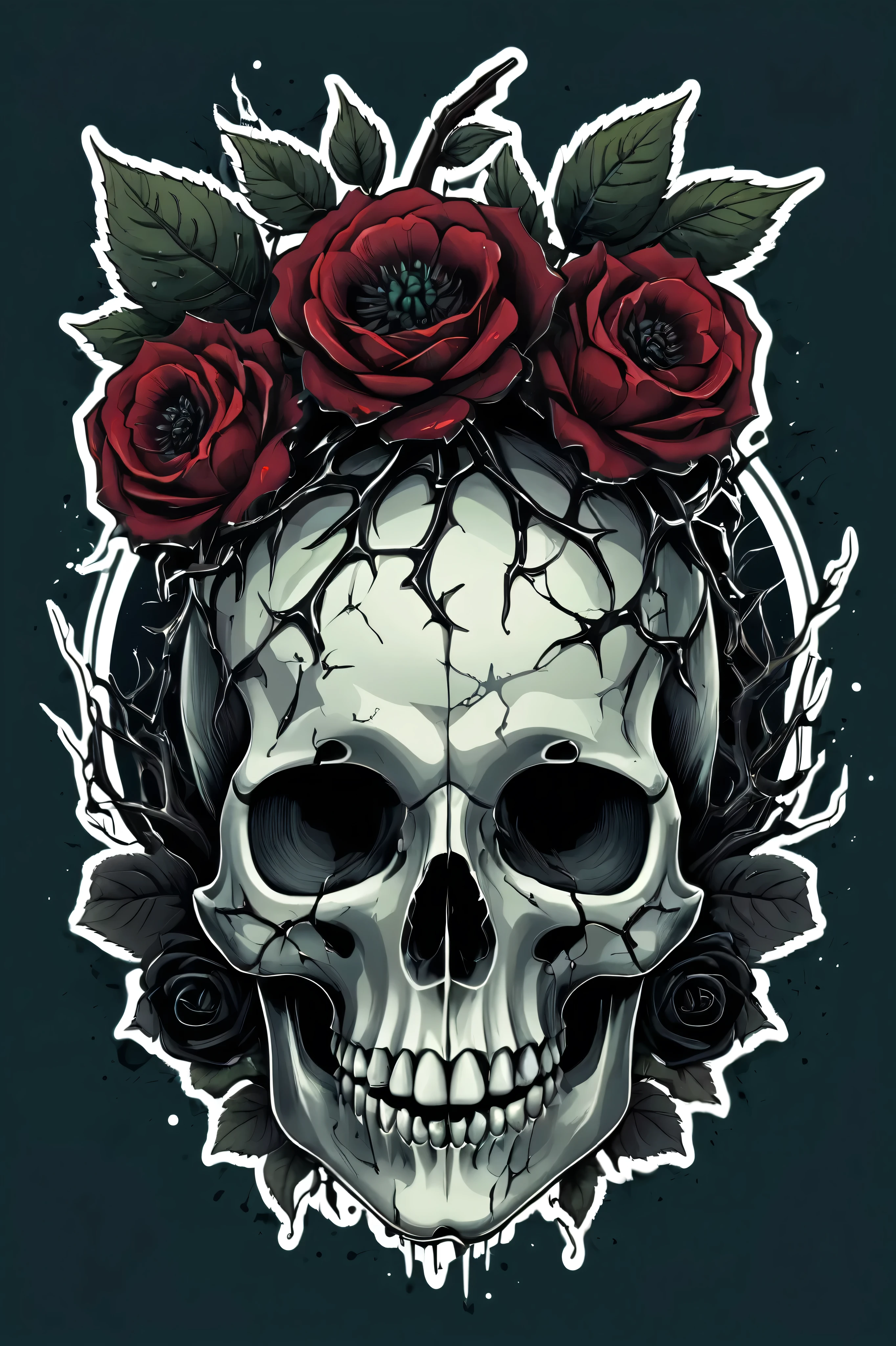 A decayed bitten apple with thorny black vines and blooming black roses growing out of it. The thorns subtly form the shape of a human skull in the background. Gothic surrealism, high contrast with dark reds and deep greens, illuminated with soft moonlight. Dark gothic tones, sharp details, and subtle silver threading spelling 'Fallen Eden' stitched into the design. The illustration uses a tattoo-like style, bold ink with limited highlights. for a sticker, in bold outline style, jagged edges, trashcore, tshirt design graphic, vector, detailed grainy texture, contour, unicolor background.
