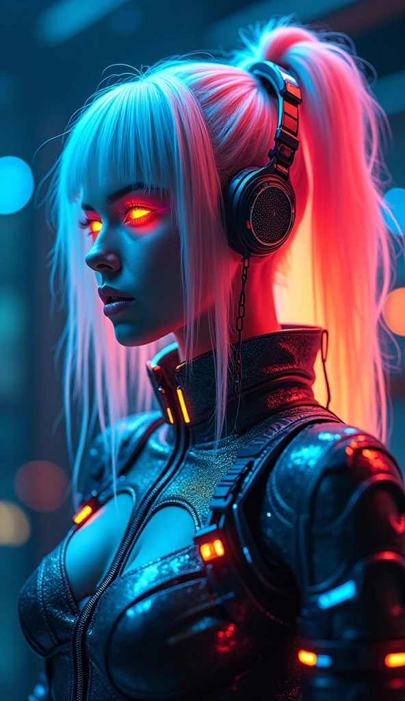 a character inspired by electronic music culture,Neon hair that glows when dancing,
Electric eyes, glowing in the dark,
Futuristic clothing, glittering metal,
Lights pulsing, ready to rock