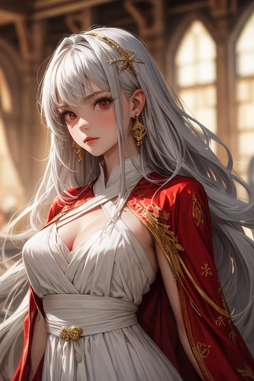 A 30 year old women, fox ears, silver wavy hair, flowers on hair, long hair, silver ears, red eyes, eye shadow, double eyelashes, white skin, colourfull kimono, medium breast, 9 tail fox, looking front, masterpiece quality, UHD, super detailed skin, super detailed eyes, ultra detailed image, high resolution, high quality,
