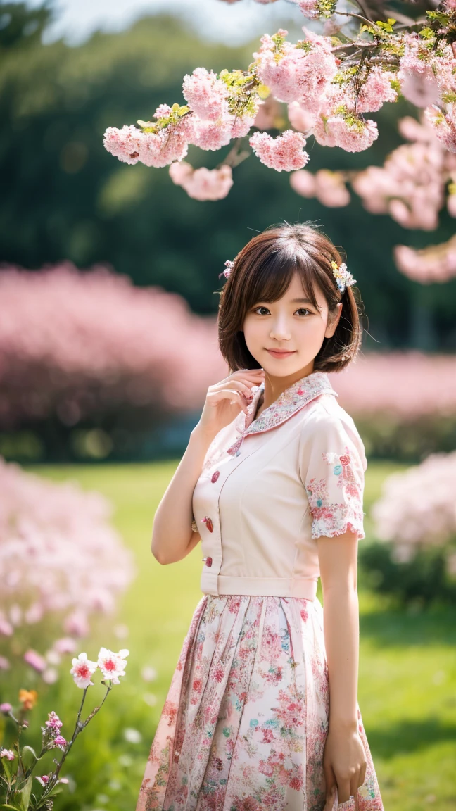 ( top quality,4K, high res, masterpiece:1.5), highly detailed ,( by Nomi,photo by Nomi,photo- by Nomi:1.37), 美しい24歳のwoman, Effine  ,   natural makeup,  the attention to detail is beautiful ,  beautiful full lip detail  , very well detailedな目と顔,long eyelashes, one girl,shape, soft lighting , bright colors visible from the forehead,Bokeh, romantic , dreamy , dreamy 雰囲気, full body professional photo , (Photo 4k:1.1) ( sharp concentration:1.1),  high detail on the face, woman(Beautiful Rose Garden :1.2),  cute big ass ,  short curly hair, Instagrammable Poses , Be confident,  slim girls,  small tits:1.2,  perfect anatomy, Perfect Symmetry :1.2,  by Nomi,  by Nomi face:1.3,  Perfect Face,  content, Be confident,  very well detailed, Dramatic, Cinema Lighting, lighting scene, Soft light, Graceful Movement,  full body photo, ((( masterpiece :1.5))),   photorealistic acmm ss costume  , Geisha wearing an acmm top ,   light purple cam top  , Short sleeve, button,  wear an acmm long skirt ,   ACMM long with white and pink print skirts,  acmm ls costume  , Geisha wearing an acmm top ,   olive green acmm top  ,  Long Sleeve,  wear an acmm long skirt ,  olive green ACMM long skirt ,  printed skirt , Erection under clothes