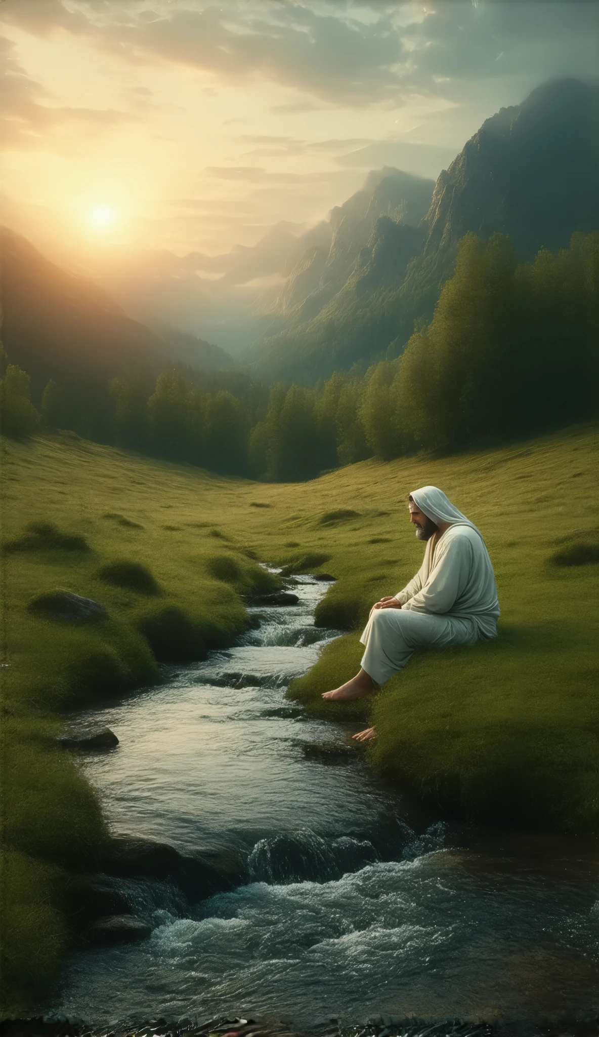 Highly detailed, ultra-realistic, 32k resolution, cinematic lighting, finely textured, intricate details, atmospheric depth, photo-realistic masterpiece, professional-grade composition. A serene natural setting during a golden sunset, featuring a lush green meadow with a clear, winding stream flowing through it. The stream reflects the warm hues of the sky, filled with shades of orange, pink, and soft blue. Scattered rocks of varying sizes rest along the stream and in the water, creating ripples. In the background, towering mountains fade into the horizon, surrounded by dense pine forests, adding depth to the scene. The sky is vivid with dramatic clouds that catch the light of the setting sun, creating a peaceful ambiance.
At the center, Jesus is seated by the edge of the stream, in the same position as a contemplative figure, with one knee up and one hand resting lightly on his lap. His robe is simple and white, flowing naturally with subtle folds. His expression is peaceful and reflective, as if immersed in the beauty of creation around Him. His soft, glowing presence contrasts harmoniously with the warm, golden light of the setting sun. His sandals and a small, modest satchel are placed nearby, blending seamlessly with the natural elements of the environment. The entire composition conveys a profound sense of serenity, reflection, and spiritual connection.