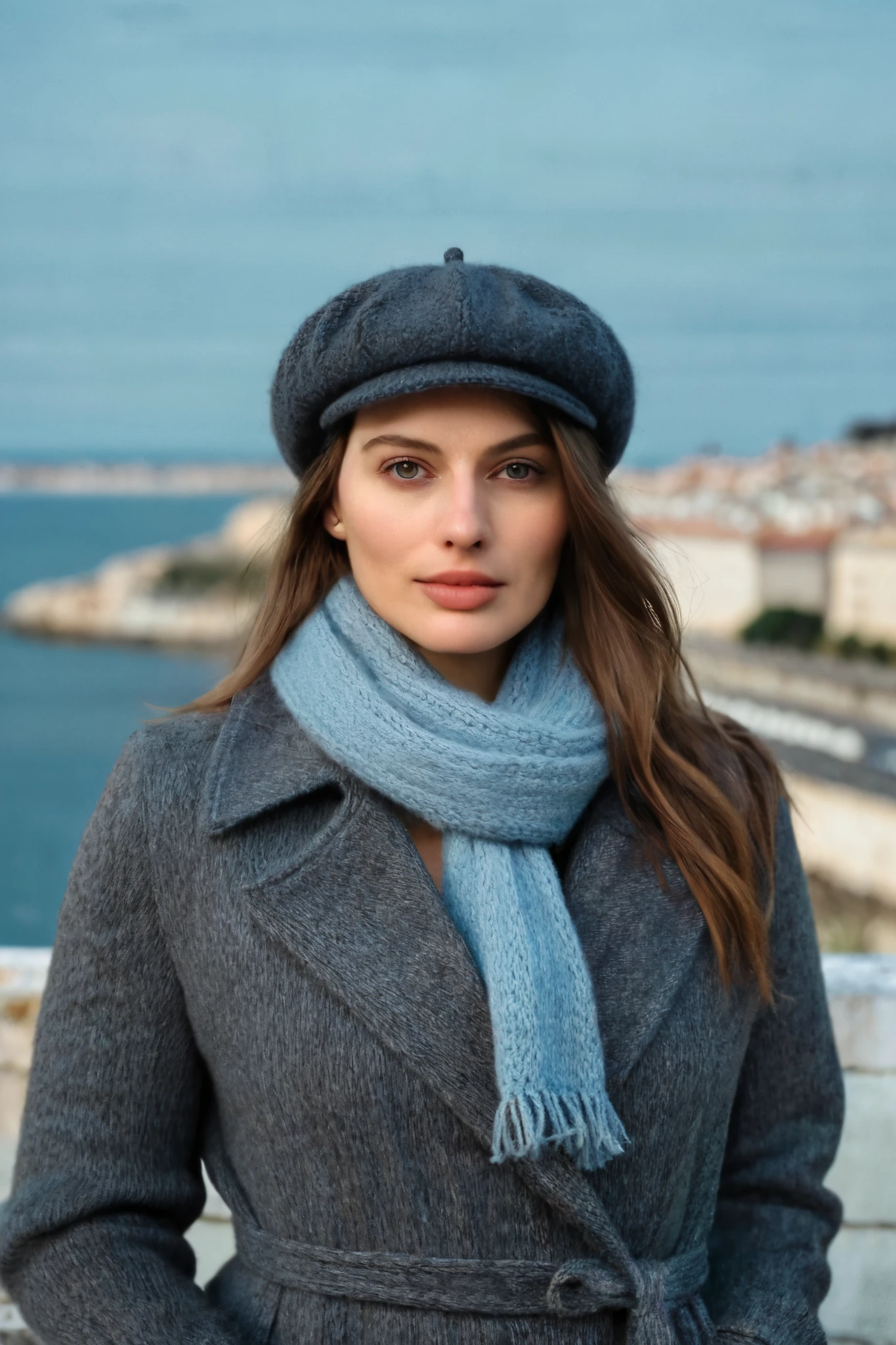 arafed woman in a gray coat and blue scarf standing on a ledge, breton cap, french girl, wearing a french beret, scarf, wearing newsboy cap, wearing wool hat, shades of blue and grey, blue and grey tones, mixed art, wearing a beret, an oversized beret, knitted hat, 30-year-old french woman, berets
