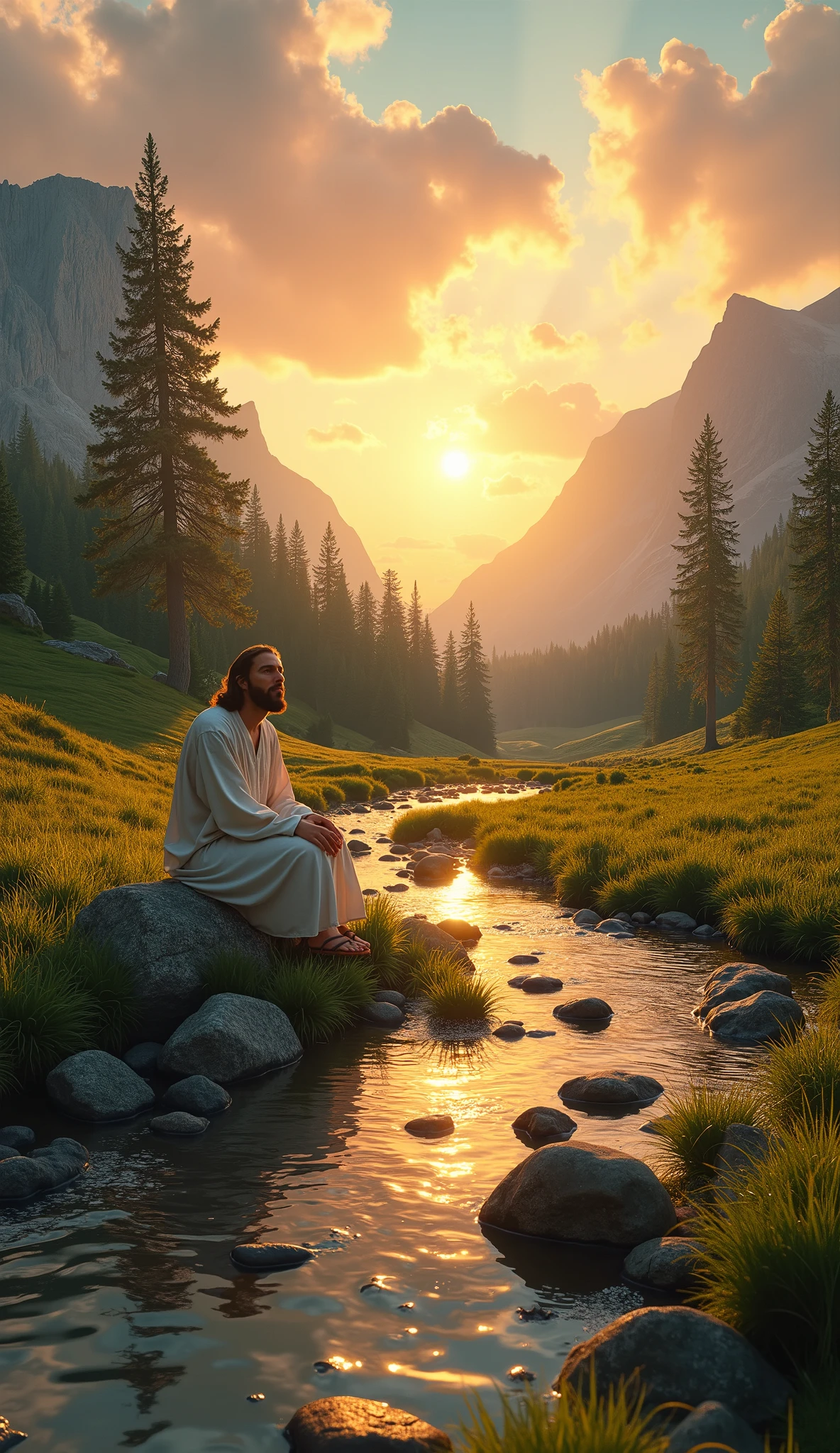 Highly detailed, ultra-realistic, 32k resolution, cinematic lighting, finely textured, intricate details, atmospheric depth, photo-realistic masterpiece, professional-grade composition. A serene natural setting during a golden sunset, featuring a lush green meadow with a clear, winding stream flowing through it. The stream reflects the warm hues of the sky, filled with shades of orange, pink, and soft blue. Scattered rocks of varying sizes rest along the stream and in the water, creating ripples. In the background, towering mountains fade into the horizon, surrounded by dense pine forests, adding depth to the scene. The sky is vivid with dramatic clouds that catch the light of the setting sun, creating a peaceful ambiance.
At the center, Jesus is seated by the edge of the stream, in the same position as a contemplative figure, with one knee up and one hand resting lightly on his lap. His robe is simple and white, flowing naturally with subtle folds. His expression is peaceful and reflective, as if immersed in the beauty of creation around Him. His soft, glowing presence contrasts harmoniously with the warm, golden light of the setting sun. His sandals and a small, modest satchel are placed nearby, blending seamlessly with the natural elements of the environment. The entire composition conveys a profound sense of serenity, reflection, and spiritual connection.