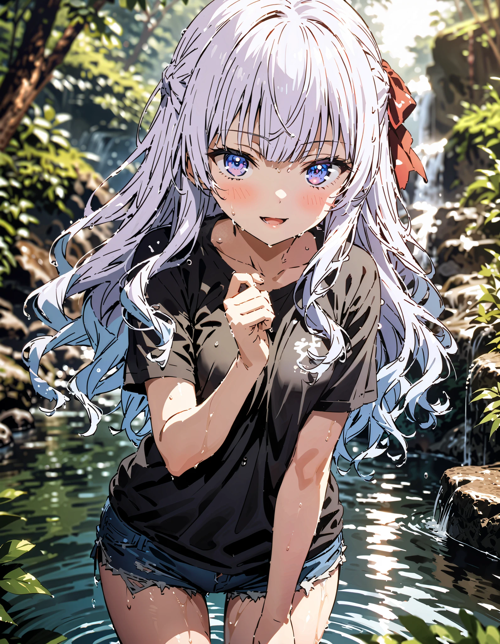 Alice Sakayanagi , Sakayanagi Alice, Alone, long hair, bangs, 紫色の目, Gray Hair, blunt bangs,smile,blush, open their mouths,Oversized black t-shirt,The hem of the shirt is tied, belly button out, denim micro shorts ,Bare legs, wet skin,Wet clothes, wet hair, sunlight filtering through the trees, playing in the water, is standing,river遊び,whole bodyがイラストに入るように,
break looking at viewer,whole body,
break outdoors, river,forest林,waterfall,forest,,
break (masterpiece:1.2), best quality, high resolution, Unity 8K Wallpaper, (figure:0.8), ( precise and beautiful eyes:1.6), Highly Detailed Face , perfect lighting, very precise CG, ( perfect hand, perfect anatomy),