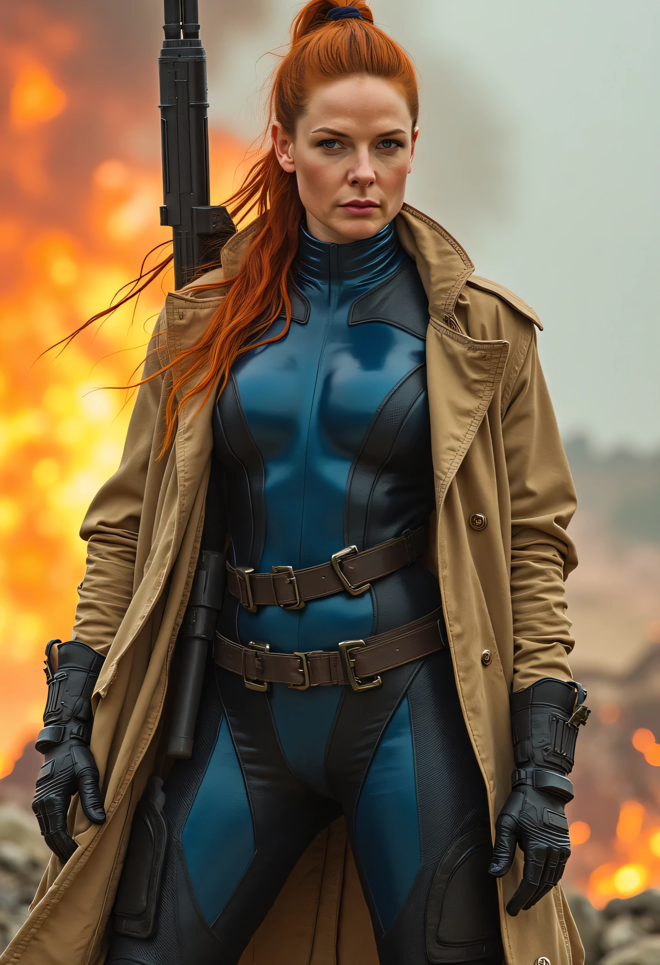 professional portrait of Rebecca Ferguson as Elsa Bloodstone, long fiery red hair tied in a high ponytail, standing, heroic pose, sleek futuristic blue bodysuit, armored segments on her legs and arms, rugged tattered beige trench coat, carries large high-tech rifle, resting casually on her shoulder, black gloves, confident skilled warrior woman, standing, action-packed battlefield, fiery explosion, debris flying, intense action movie scene, bold focused expression, subtle grain, cinematic quality, fine art photography, film still, movie scene, w4rh4mm3r style oil painting