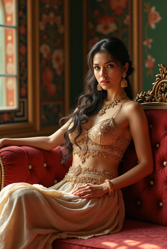 (masterpiece portrait photography:1.4) full body, of a alluring sexy curvy plump bride Lizzy Thomas, sitting on an ornate sofa, wearing ornate black bralette & lace lehenga, with golden embroidery, sheer dupatta, candles everywhere, glistening skin, (curly wavy backlit hair), glossy lips, lustful glance, sinful intentions, (captivating kohl lined eyes:1.3) , (seductive smile:1.3) in an ornate study, soft dramatic lighting, ornate room, depth of field, backlit, light rays, highly detailed, trending on artstation, paint splashes, rich colour, candlelight, seductive portrait, by Ron hicks