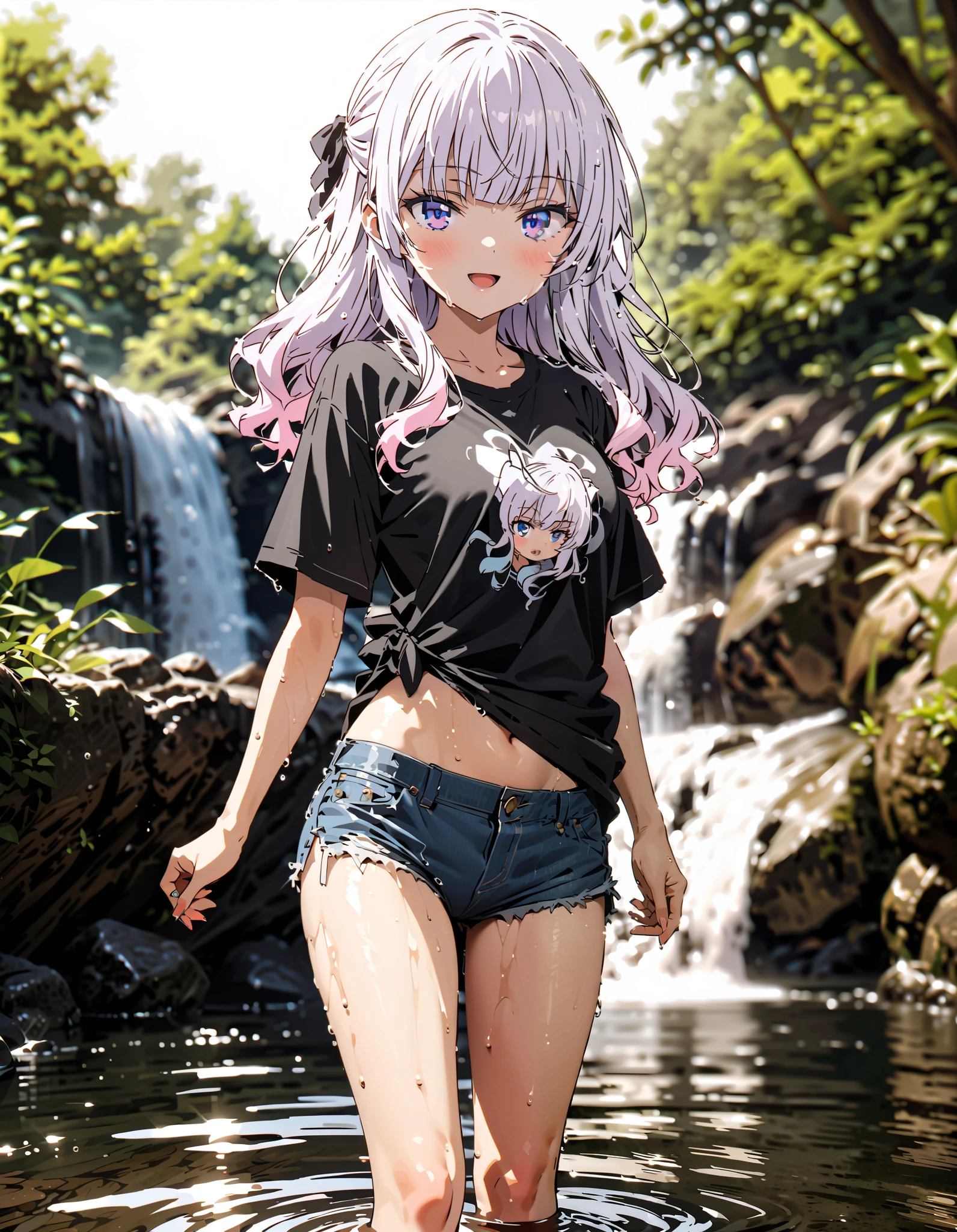 Alice Sakayanagi , Sakayanagi Alice, Alone, long hair, bangs, 紫色の目, Gray Hair, blunt bangs,smile,blush, open their mouths,Oversized black t-shirt,The hem of the shirt is tied, belly button out, denim micro shorts ,Bare legs, wet skin,Wet clothes, wet hair, sunlight filtering through the trees, playing in the water, is standing,river遊び,whole bodyがイラストに入るように,
break looking at viewer,whole body,
break outdoors, river,forest林,waterfall,forest,,
break (masterpiece:1.2), best quality, high resolution, Unity 8K Wallpaper, (figure:0.8), ( precise and beautiful eyes:1.6), Highly Detailed Face , perfect lighting, very precise CG, ( perfect hand, perfect anatomy),
