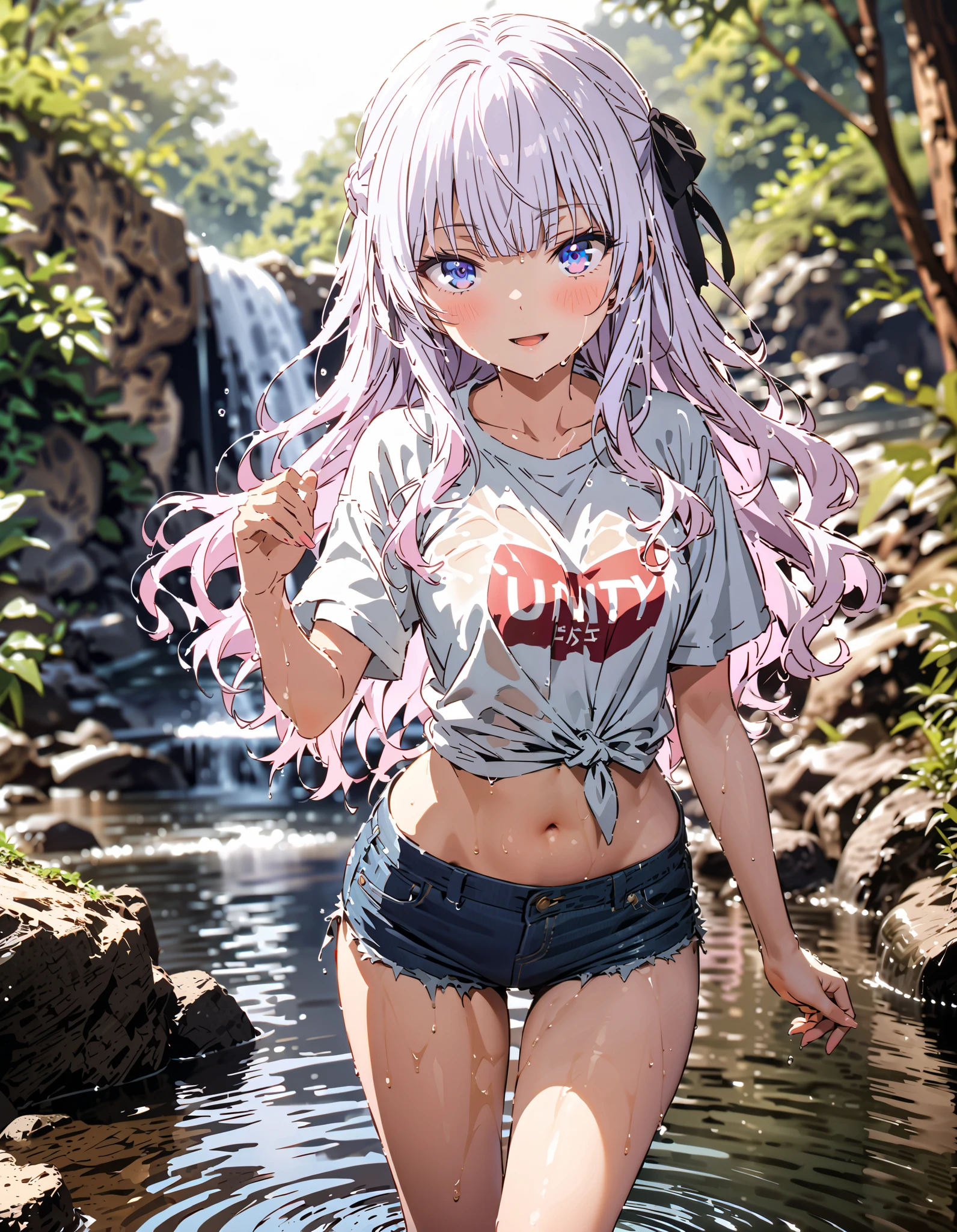 Alice Sakayanagi , Sakayanagi Alice, Alone, long hair, bangs, 紫色の目, Gray Hair, blunt bangs,smile,blush, open their mouths,Oversized black t-shirt,The hem of the shirt is tied, belly button out, denim micro shorts ,Bare legs, wet skin,Wet clothes, wet hair, sunlight filtering through the trees, playing in the water, is standing,river遊び,whole bodyがイラストに入るように,
break looking at viewer,whole body,
break outdoors, river,forest林,waterfall,forest,,
break (masterpiece:1.2), best quality, high resolution, Unity 8K Wallpaper, (figure:0.8), ( precise and beautiful eyes:1.6), Highly Detailed Face , perfect lighting, very precise CG, ( perfect hand, perfect anatomy),