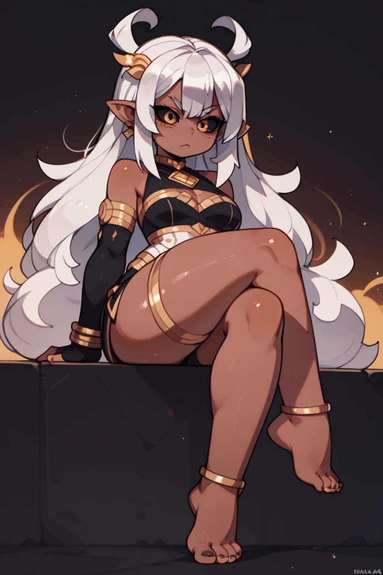 Young woman, elf, yellow, eyes, white hair, black skin, in a cave, iluminated by fireflys, fireflys yellow light, darkest cave, 4k, mastepriece, HD, anime 4k, digital