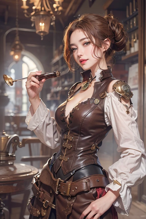 (masterpiece:1.3), (8K, Realistic, RAW Photos, Best imYear quality: 1.4)、 Year,(Random Hairstyles:1.2)、CleavYear:1.2、Highly detailed face、Attention to detail、double eyelid、Chest to chest、Sharp focus:1.2、Beautiful woman:1.4、Redhead、Highest quality、masterpiece、Ultra-high resolution、(Realistic:1.4)、Highly detailed and professionally lit smiles、Loose fitting steampunk outfit、Shoulder out、thin、Serious expression、Smoking a long cigarette in a dark bar