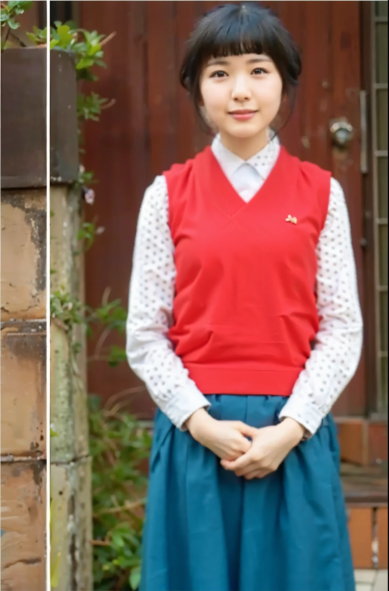 最high quality, In 8K, Masseter region, Vibrant, Sharp focus, high quality, High resolution, Detailed face, fine grain, Thick lips, (Looking at the audience), alone, Beautiful woman, 38 years old, Japanese women, （Short black hair:1.4）、（Bob Hair:1.4）, Cleavage, Lunch break、Large city park、Green Grass、In front of a big fountain、（sitting on a park bench:1.3）、（Full body photo:1）、（Japanese women）、（Mitsubishi Bank uniform:1.8）, （She is wearing a dark blue vest over a white blouse:1.5）, The vest has three gold buttons, （red, Blue and white ribbon around neck）、（Knee-length dark blue skirt）、（Black pumps:1.5）、（red lipstick:1）、（smile:1.3）、（standard body type）、（D cup breasts）