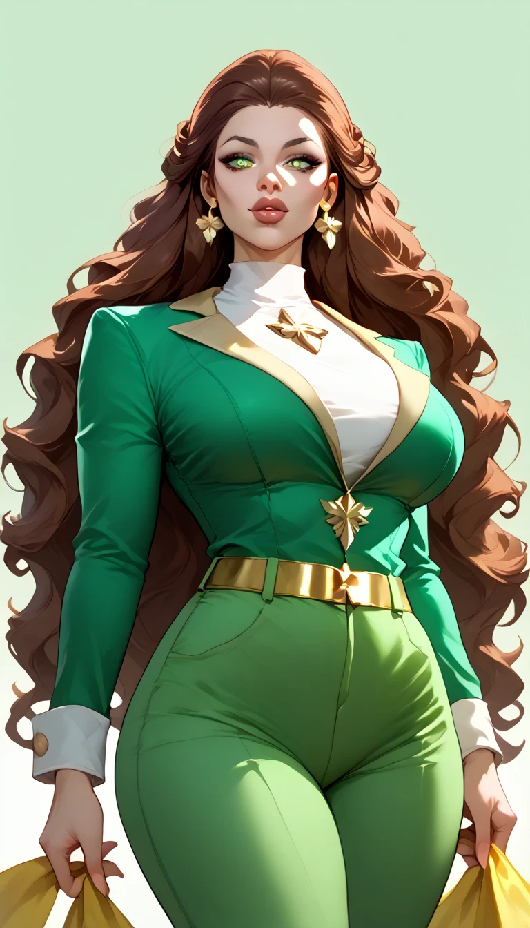 A Russian woman tender big breasted kind wavy hair longer bright red her eyes brown rectangle pupils big lips Rosa is light green military suit brushes yellow line shows navel and her light green pants wearing a yellow belt