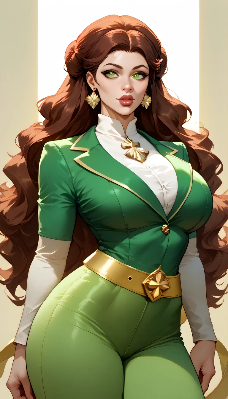 woman((30 years old)), hair((wavy, golden brown)), eye((smart eye, green)), Clothes((new york fashion week, light 青)), smile, Proudly, random hairstyles, accessories,Costume with large open chest,super mini skirt,lace costume,revealing costumes