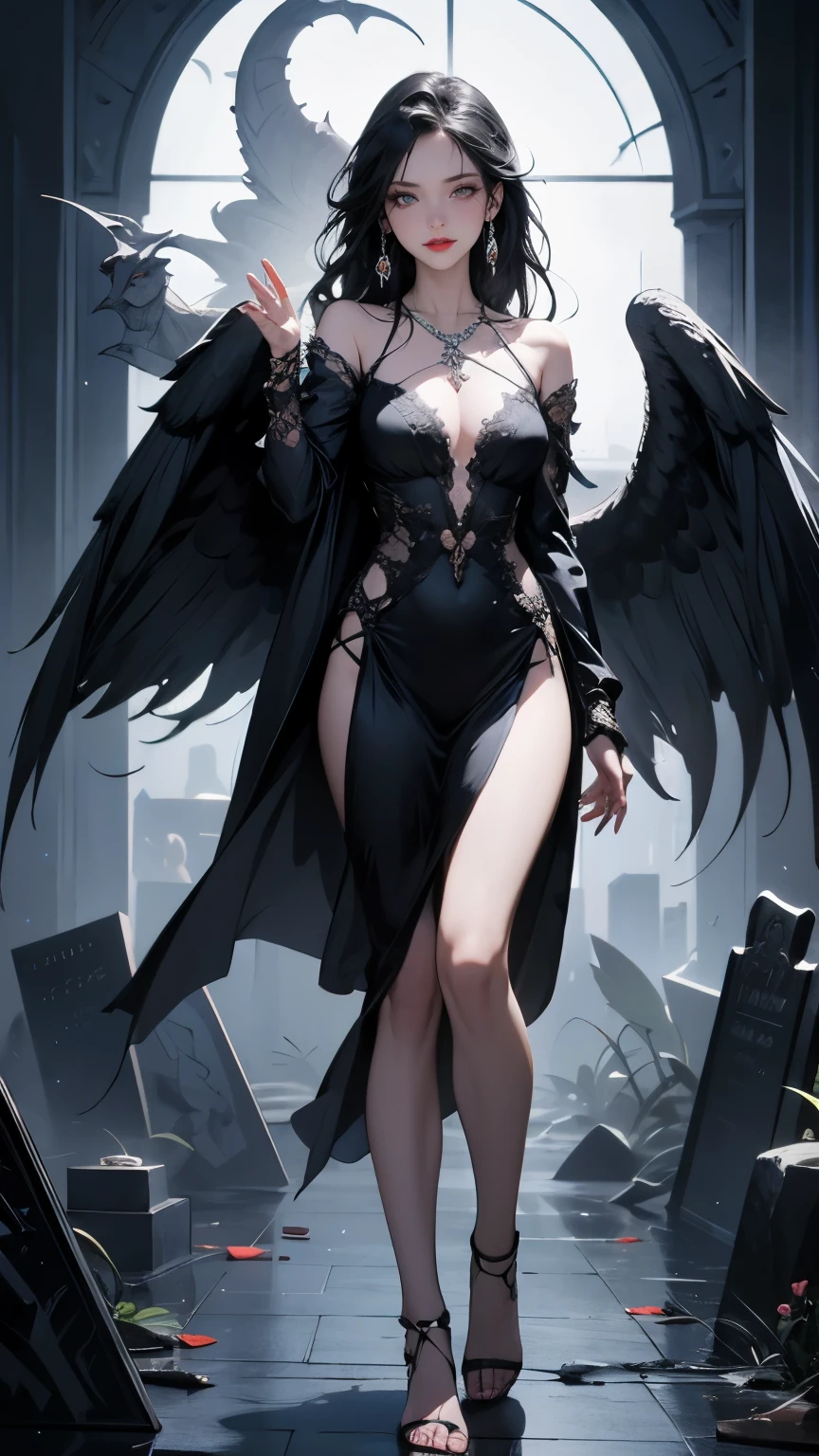Alone, Sexy female, (A Fallen Angel), (beautiful onyx-black fallen angel wings, beautiful onyx-black) , ((standing, X)), (((beckoning you))), skeleton in one hand), front view, from below, horror style, beautiful black hair, Flowing black hair, perfect pale skin, slasher smile , perfect sexy face, beautiful glowing red eyes, sharp eyes,sharp nose, beautiful red lips, seductive body, tall, 8heads, (perfect correct rendering, perfect fingers, perfect limbs), intricate designed fallen angel costume, dark fantasy costume, legs, barefoots, horror, I can see a ghost behind her, aura, silver necklace, earrings, (perfect description in background, black, nightmare, midnight, Graveyard, gehenna ), best quality, incredibly absurdres, realistic , ultra beautiful resolution, extremely detailed painting, uncompromising, anatomically correct, masterpiece, perfect, intricate accurate rendering, perfect lighting, optimized colors in the painting, Magnificent artwork, evil spirits, abyss girl