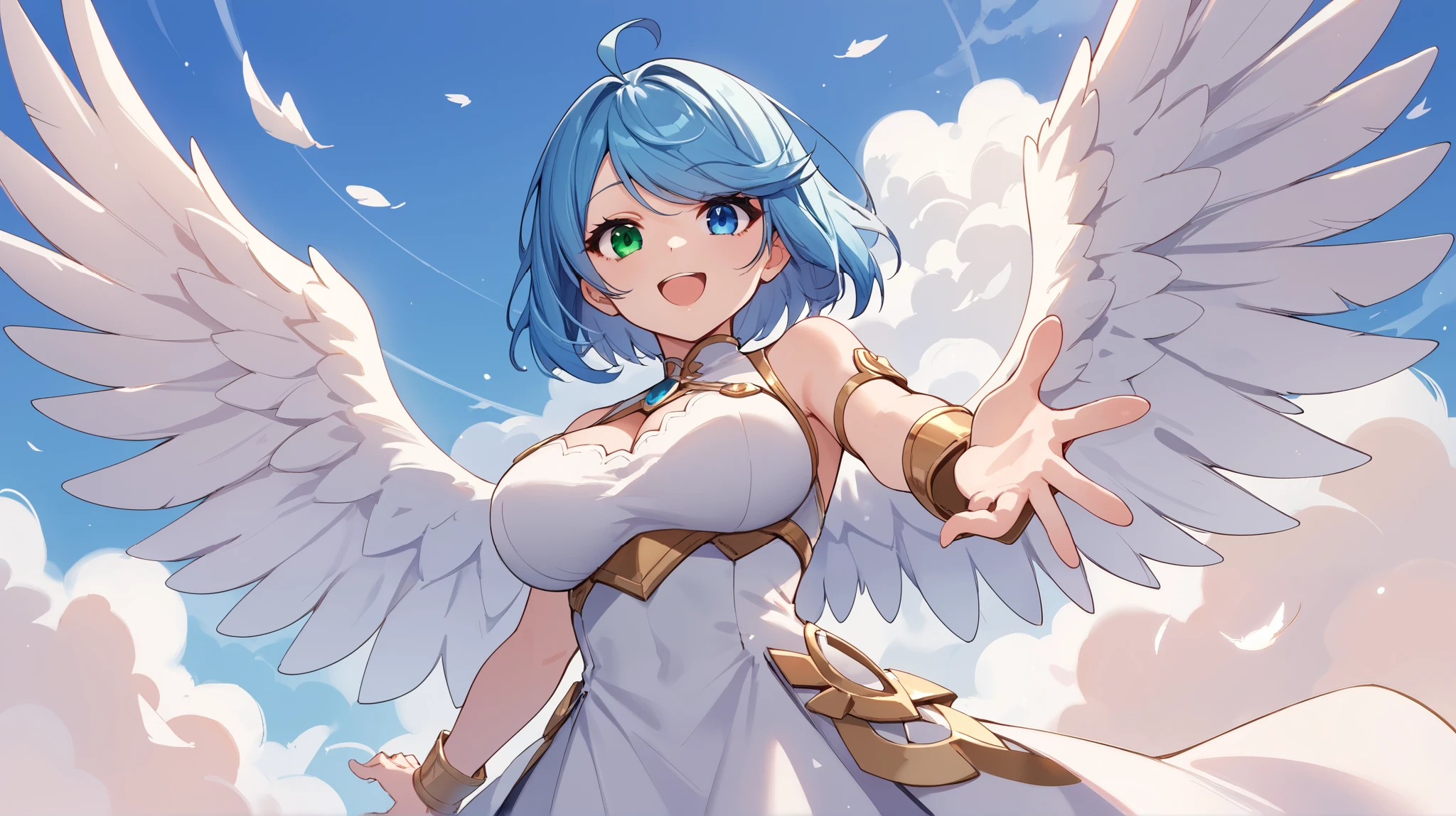 score_9_up, score_8_up, score_7_up, 1girl, solo, source_anime, heterochromia, blue eyes, left eye blue, green eyes, right eye BREAK
Bob cut, blue hair, short hair, swept bangs, ahoge, large breasts BREAK
Angel wings, white dress, gold trim, feathered wings, white wings BREAK
Standing, cute face, smile, open mouth, outstreched arm, reaching to viewer, from below BREAK
Outdoors, background sky, cloudy sky, blue sky BREAK