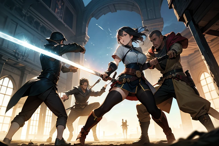 Not included in the above-mentioned standard.(3d rendering without post processing),(highres, ultra-detailed)(exquisite,highest quality,high-quality professional)(portraits,realism)。The picture shows a realistic portrait of two agile assassins in action, drawn with exquisite details. The assassins, played by actors Noriyuki Higashiyama and Makoto Fujita, exude a sense of danger and intensity. They are shown in a fast-paced action sequence, with swords drawn and mid-air jumps. The assassins' detailed facial features, including their piercing eyes, focused expressions, and intense lip movements, capture their determination and skill. The lighting is dramatic, using studio lighting techniques to enhance the overall atmosphere of suspense and high stakes. The color palette is dark and moody, with deep shadows and vibrant highlights, adding to the sense of mystery and danger. The picture is presented in high resolution, capturing every fine detail of the assassins' attire, weapons, and surroundings.