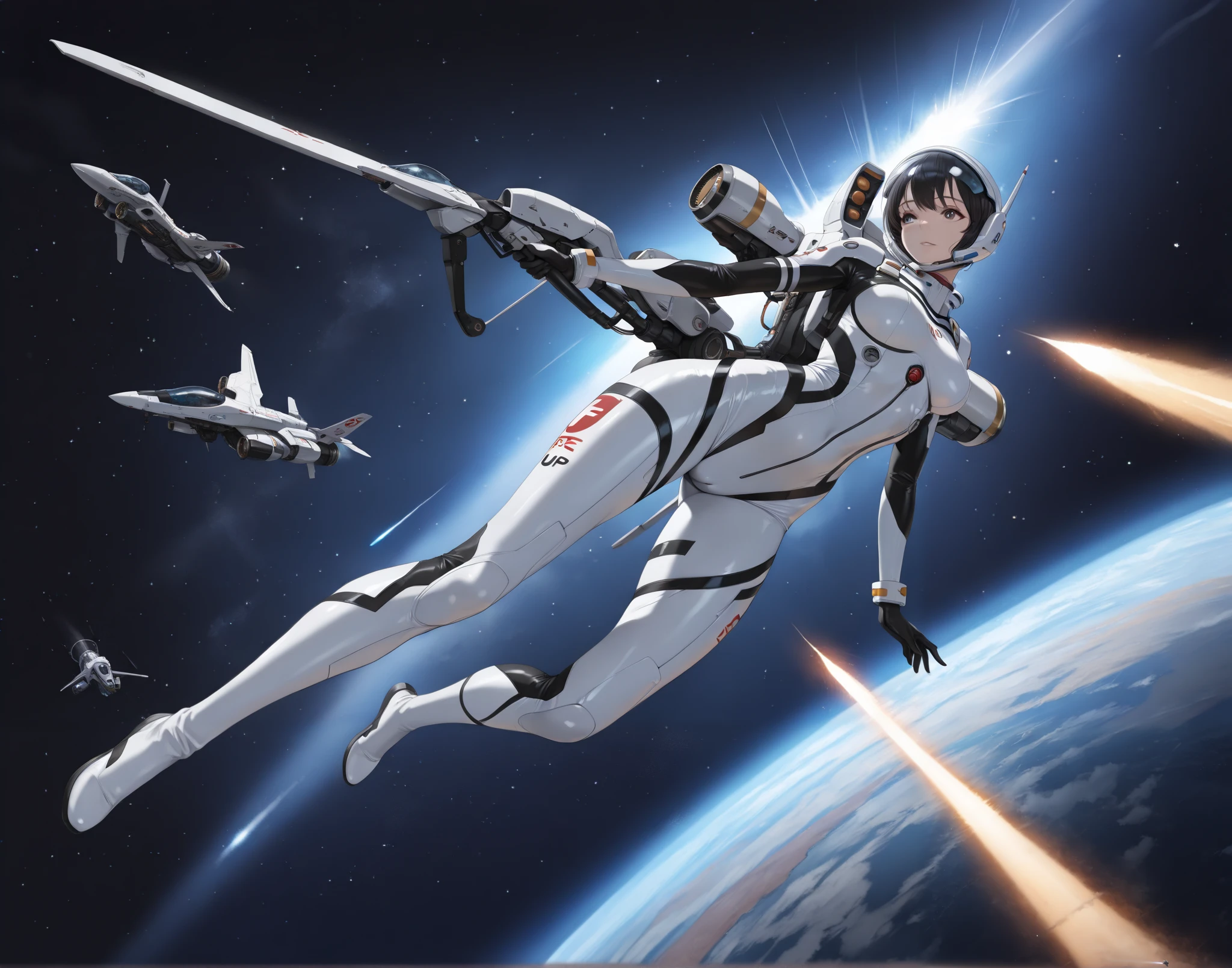 (( best quality )),( ultra high definition),( very detailed ),( detailed description ),(( best CG )),( Best Works of Art ), Ultra-precise art, Amazing Painting Art,(The Art of Precise Depiction :1.5), woman, SF pilot suit ,tube, outer space , SF Sword Machine, Flying rays,