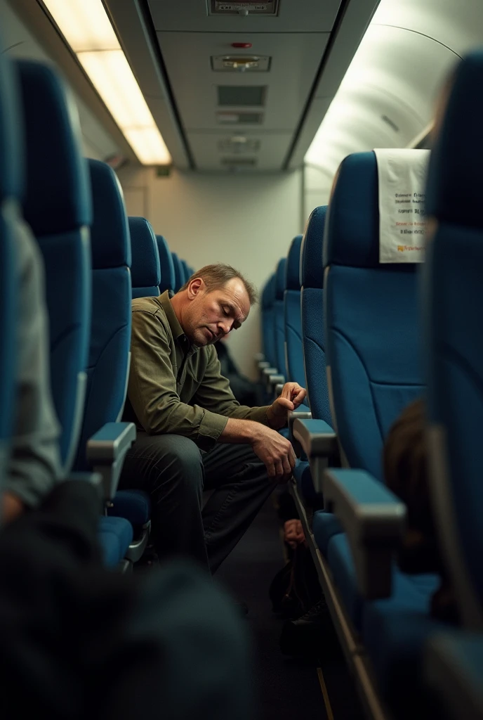 Passengers in various positions of unconsciousness, with oxygen masks still attached to their faces. The environment should look disturbing. Include details like scattered travel bags, some people in lying positions, others fell in a dramatic way. Interior lights should be dim or flickering. (extremely detailed CG unit 8K wallpaper, Artwork, best quality, ultra-detailed, hdr:1.2)