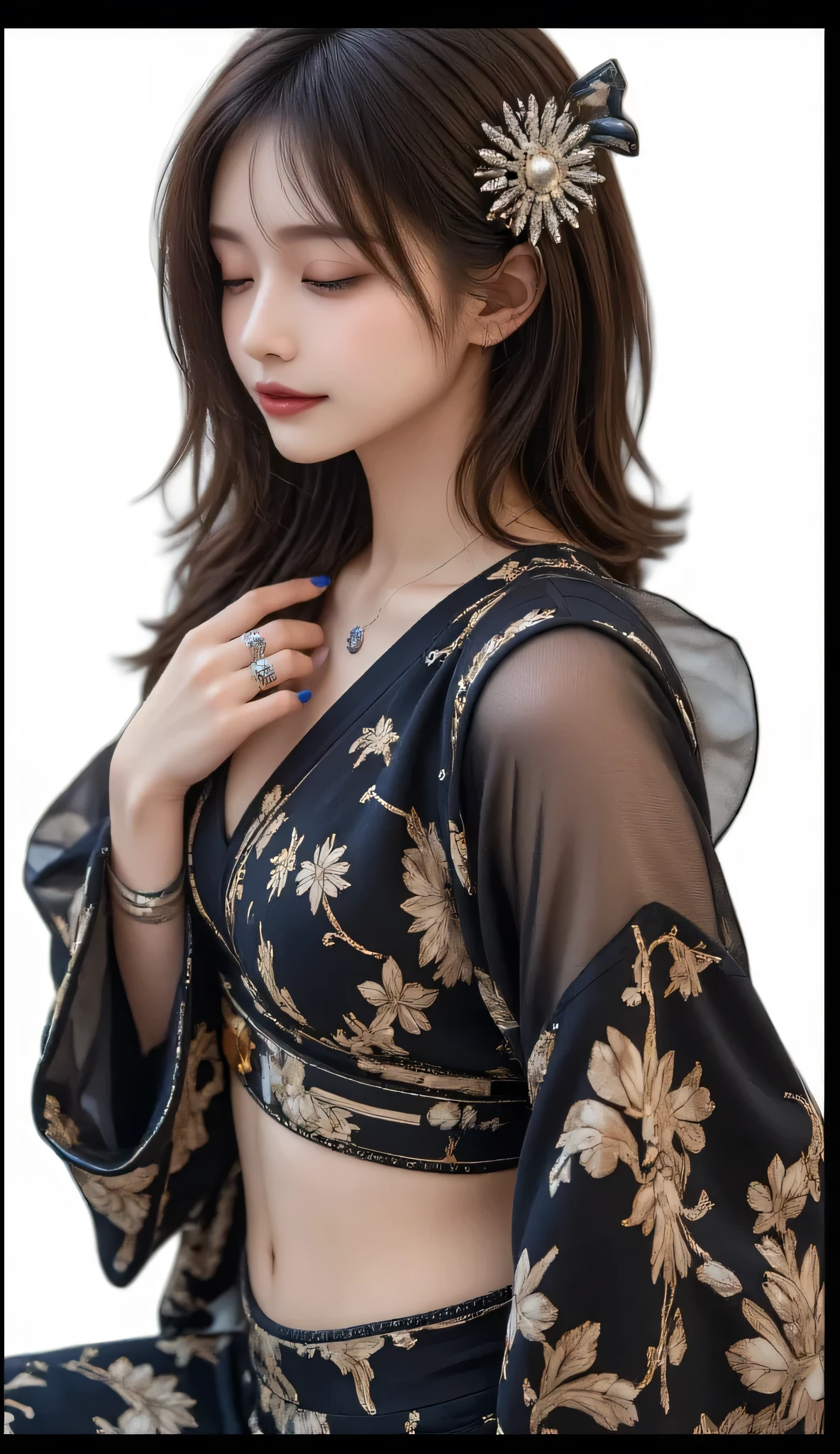 8k, best quality, Medium close-up, (black kebaya )、(luxury kebaya ), (short kebaya), (top-quality,​masterpiece:1.3,超A high resolution,),(ultra-detailliert,Caustics),(Photorealsitic:1.4,RAW shooting,)Ultra-realistic capture,A highly detailed,high-definition16Kfor human skin, Cute and lovely Korean girl, realistic, ultra detail, photo realistic, Increase quality, 
 standing in a garden with a scarf, garden, (large breast), (cleavage ), close-up shot,  mouth,dark-haired, Messy Updo hair, (depth of fields、chromatic abberation、Wide range of lighting、Natural Shading、)、(Exterior light at night:1.4)、(Hair swaying in the wind:1.2).