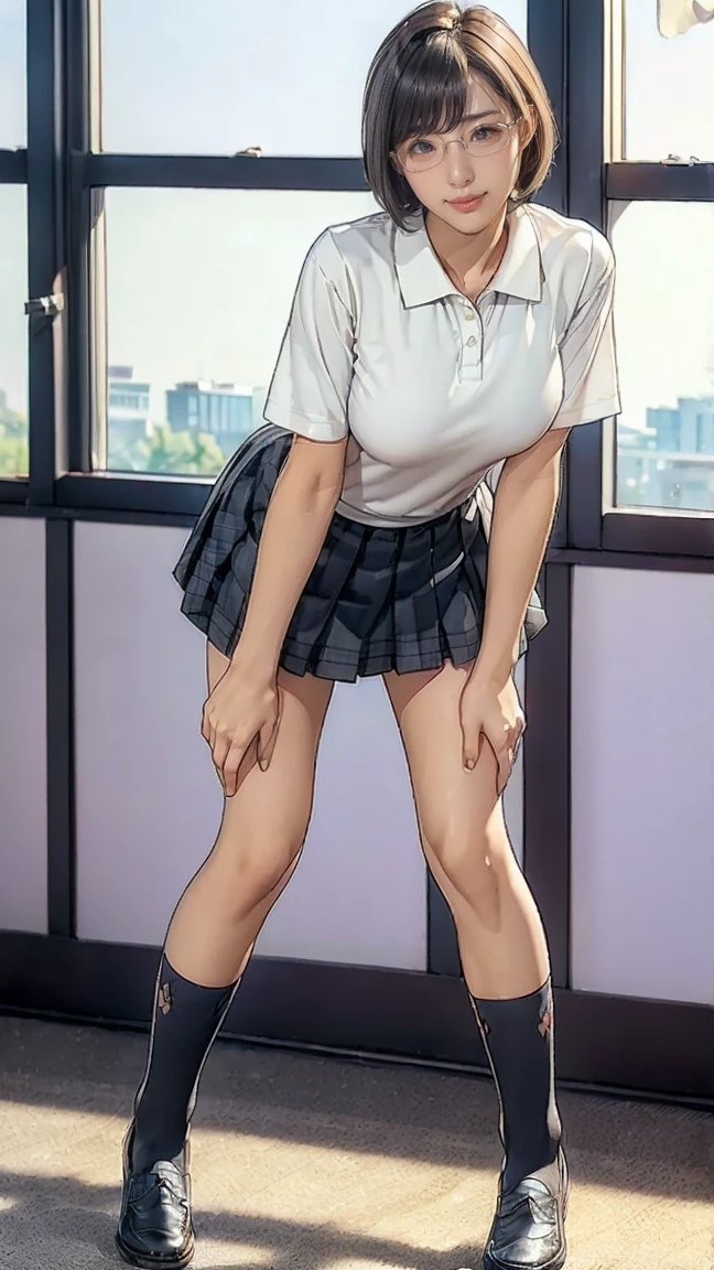 (best quality, 8k, highres, photorealistic:2.0), (solo, one girl:2.0),(lighting: strong),(lighting: front),(very muscular girl:1.5),(bodybuilder girl:1.5),(Squat down on one knee and spread your legs apart.:1.5),(raise both arms behind your head:1.5),(wearing black loafers:1.5),(school uniform),(white collar shirt),(long sleeve shirt),(red ribbon tie),(white socks),(blue skirt),(blue pleated mini skirt),(Wearing white panties),Photographed in front of high school, ,(She screams as she climaxes intensely.:1.6)