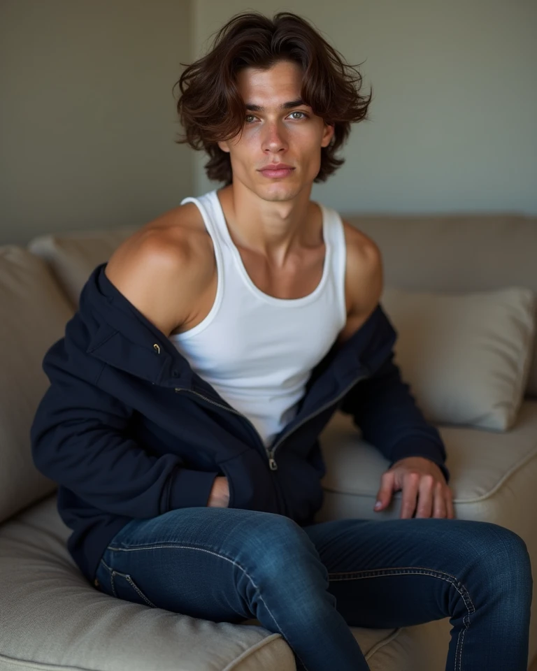 A handsome 30-year-old man with curly hair and brown eyes, he is shirtless and wearing jeans with the zipper open, he is sitting in a comfortable armchair, in the pose of a conceptual model, in the background a room well lit with sunlight. day