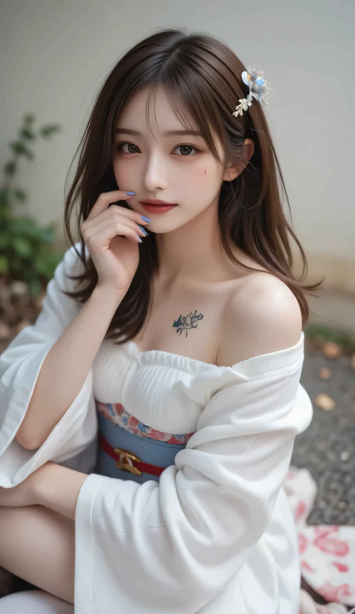 High resolution symmetrical images, Girl and Horihada, Yakuza, Japanese Mafia, Movie photos of tattooed Japanese cartels, Cleavage、(((tattoo all over the body)))、 (Lotus tattoo)、 (close up chest, Underarm, 胸のAngle from below), blonde braids, short hair, ((Art Nouveau)), (Ecstasy Face), (Alphonse Mucha), Small earrings, ((on the road, wood, Buildings in medieval Europe)), Angle from below、(Anatomically correct)、(Perfect body proportions)、(Natural Hands、natural fingers)、(Breast Goddess, Woman born from flowers, ((Round face)), Realistic Eye Size, Droopy eyes, smile,I'm bathed in dazzling light