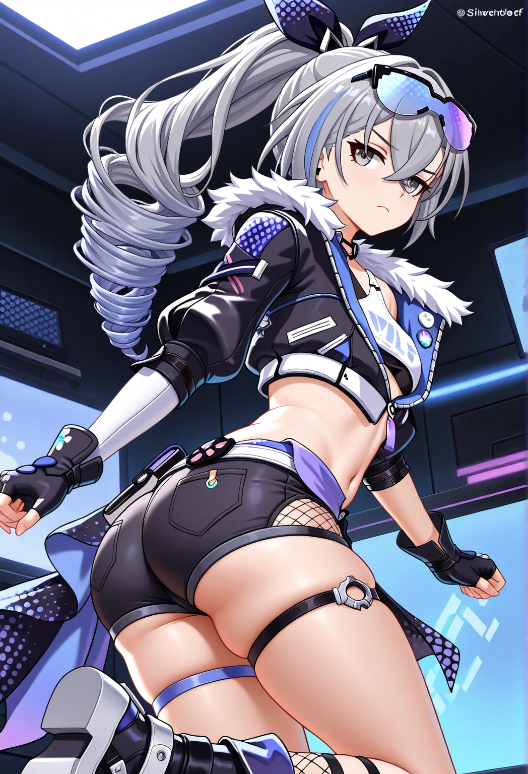 (masterpiece, best quality:1.2),1girl, SilverWolf, Honkai Star Rail, silver hair, ponytail, gray eyes, goggle, high quality, detailed shiny skin, detailed beautiful hair, detailed beautiful eyes, detailed clothes, (high resolusion:1.2), 4K, official art, high quality, small breasts, perspective, fighting,battle,light_trail,dynamic angle,fisheye lens,night,cyberpunk,city,city_lights,scenery