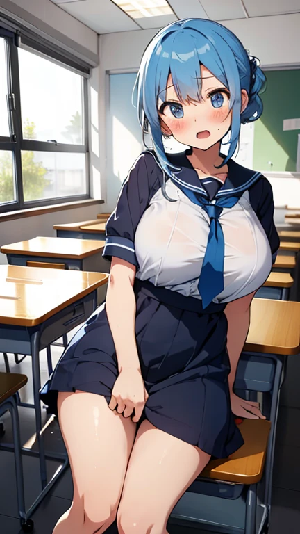 Big Breasts、A girl in a white gym uniform with erect nipples、Navy blue bloomers with a clearly visible slit、barefoot、classroom、A boy in uniform with an erection、Three boys fondling a girl&#39;s breasts