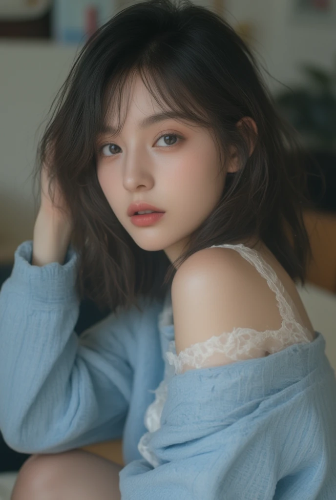 1 Girl, 19 years old, south korean, 4k, masterpiece, realistic, long whavy black hair with bangs, messy hair, shining purple pupils, shining red lips, red eyeliners, freckles, blue pijama with buttons, sagging clothes, large breast, surprised, open mouth, gasphing for air, blushing, looking down, bright colors, face close up, face focus.