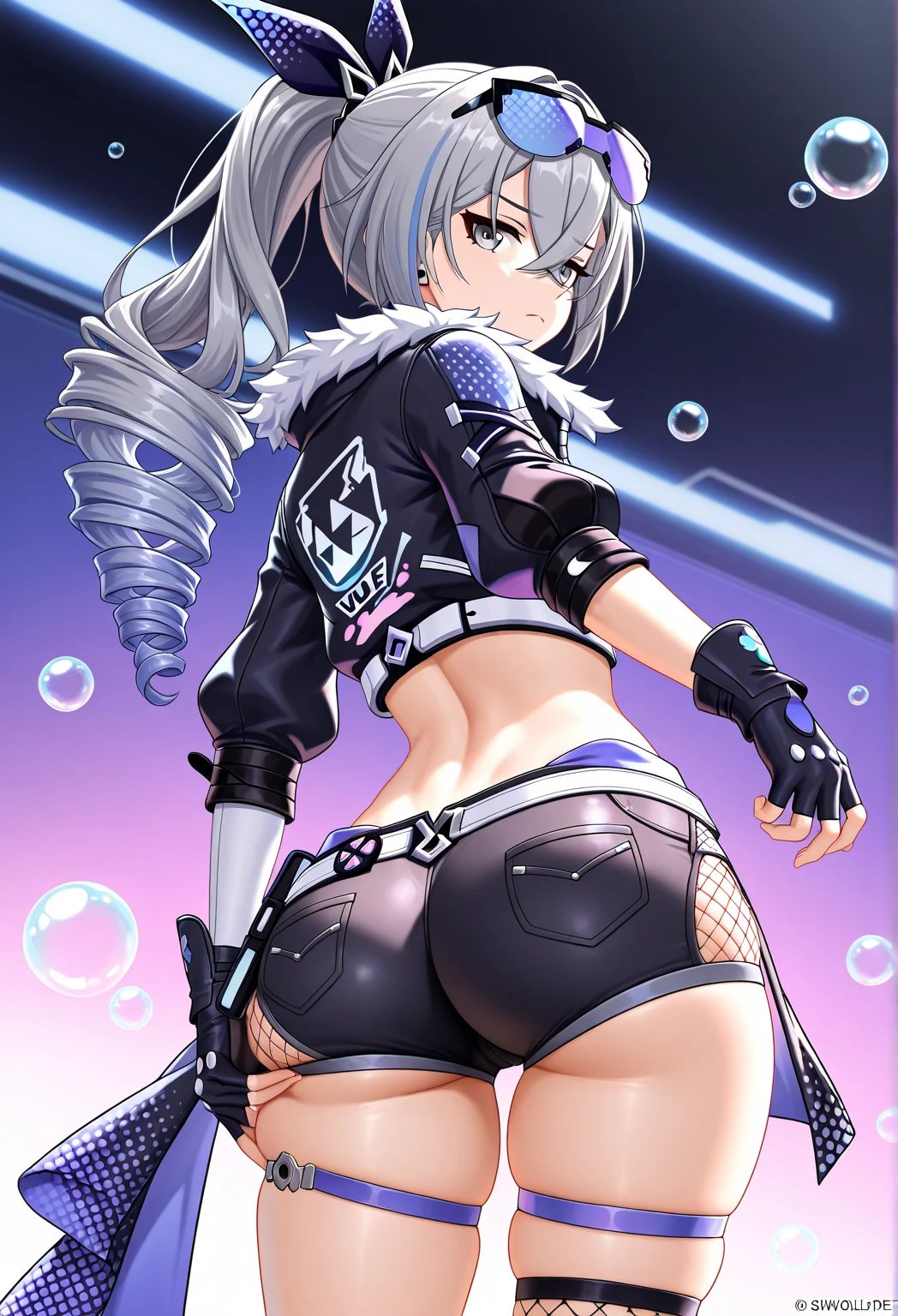 anime girl, white hair, detailed image, full body, neon blue eye, headset gamer, dva style, body clothes, sexy pose, smiling, focus on the ass
