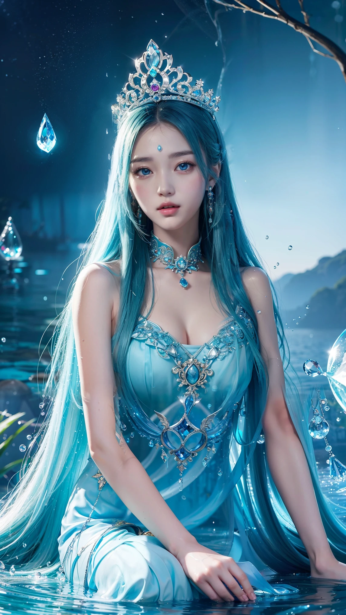 A beautiful young lady wearing a white and gold dress with sparkling tips, wearing a crown, in the sea, blue-green, translucent.