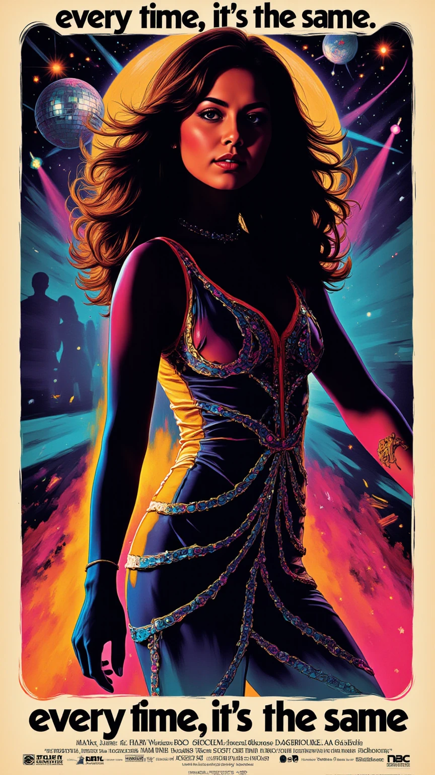 very sexy girl, tight dress, at the disco, dances, has fun, eroticism, sexy, (best quality, 4k, 8k, high resolution, masterpiece: 1.2), ultra-detailed, (realistic, photorealistic, photorealistic: 1.37), details intricate, vivid colors, sharp focus, professional, Dave McKean artwork, surrealism oil touch, oil painting style, portrait, woman, beautiful detailed eyes, beautiful detailed lips, dreamy atmosphere, shadow play, lighting soft, fun pose, dark tones, ethereal background, fantasy elements, texture, layered composition, disco background, , art inspired by Bill Sienkiewicz and Dave McKean