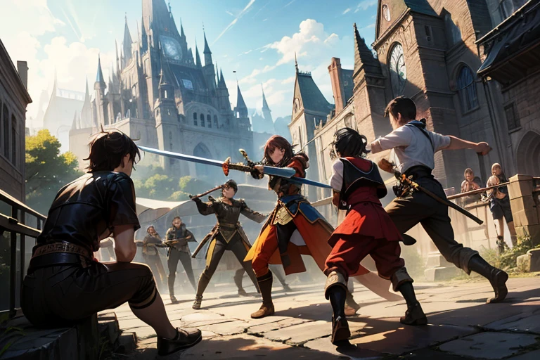 Fantasy Worldview ,8 people,fight,Possess a sword,Group battles,人間同士のfight, teamwork ,masterpiece, Overlooking,