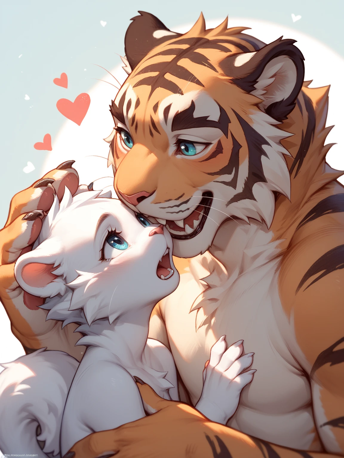 bynamic angle,depth of field, motion blur, absurdres,looking at viewer, (best quality), (masterpiece), (ultra detailed),(detailed eyes),sharp focus,manga Huge body chest 8k masterpiece,High quality,furry,(two man),(A tiger kissing a dark Blue white wolf muscular),cute,embarrassed expression,perfect background,(Around 25 years old),whole body,School classroom,There are two species,(tiger white hair) (Wolf sky blue eyes galaxy necklace rain) cyber city