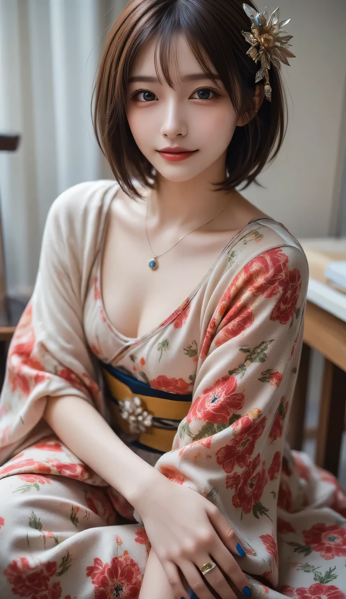 Black hair bob cut Red Japanese pattern kimono Ostrich Goddess Sexy、sit