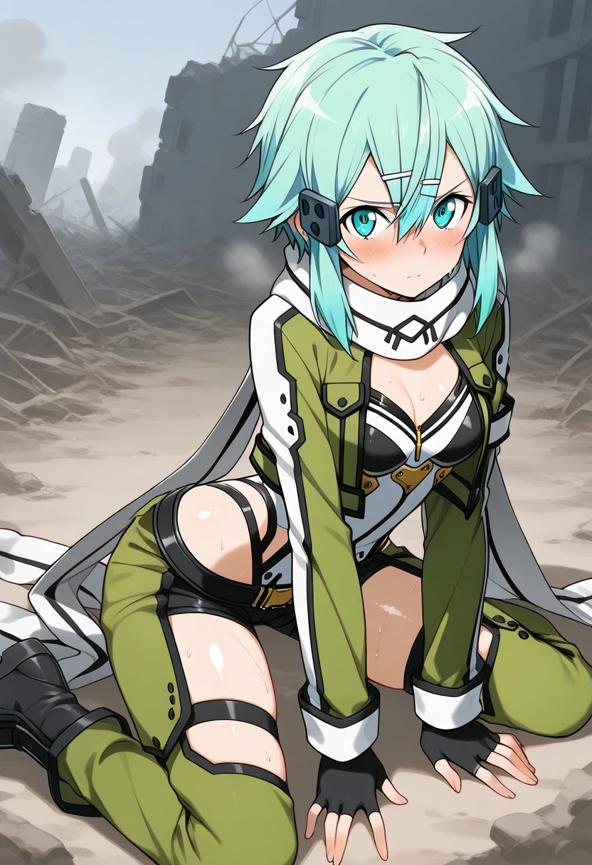 NSFW,Chinon 1,Fingerless gloves,Long sleeve,Short shorts,hair ornaments,Hair Clip,Green knee socks,Green jacket,Thigh straps