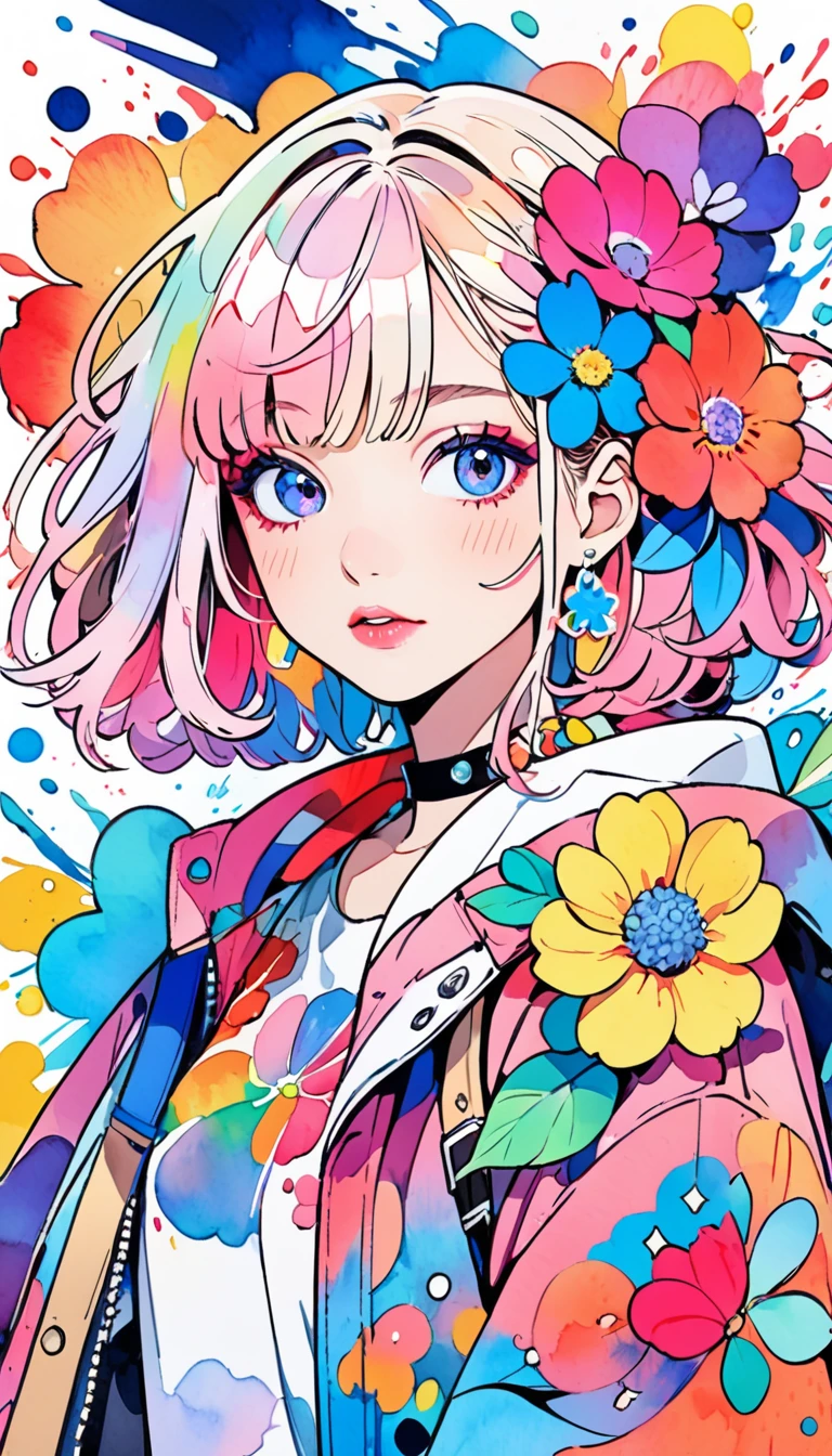 ( most beautiful girl)、 stylish なファッション、8K quality、 intense watercolor、 Detailsな水彩画、 watercolor splash 、 avant-garde pop art、 Beautiful and Expressive Paintings、 Very Colorful Hues 、wonderful、Cool Beauty、 best quality、 Official Art、 vector art、 stylish design、 best quality、 high resolution、 Details、(DOODLE ART)、(masterpiece)、( colorful flowers)、( stylish )、