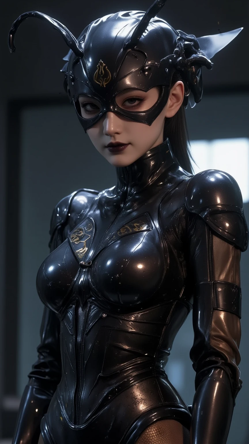 8K,((highest quality)), ((table top)), ((realistic)), Anthropomorphism of ants, Women who did, artistic anatomic hands, Artistic anatomy, black eye, woman's face, , sharp focus, studio, intricate details, very detailed, Big black eyes, figure, very detailed, sharp focus, digital rendering, Professional, 8K beautiful expression Super A high resolution big breasts,skin that looks real,Black Sexy Combat Suit,gorgeous black pants,いたずらなsmile,Ant antennae on head,ant emblem decoration,accurate heraldic work,30 year old woman,battle scene,action scene,realistic戦闘,action pose,smile,in the forest,