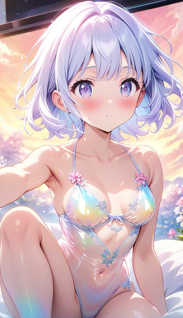 (seaside photo:1.1, in blue marine:1.5), Masterpiece, best quality, (very detailed CG unity 8k wallpaper), (best quality), High definition RAW color art, Animation,sculptures, (pink Marble Skin), (((Ultra detailed elegant))), Magical atmosphere, Detailed skin, Texture,(Intricately detailed, Fine detail, ultra-detail art), depth of fields, bokeh, Silky Touch, Hyper Detail, beautiful eyes, Elegant Face, (lying on pastel pink waterfront), sparkle background, enormous breast:1.3, (silver hair), pastel purple,, muscle, embarrassing red face, wide open udder, shorthair, 丸メガネ:1.4, bikini