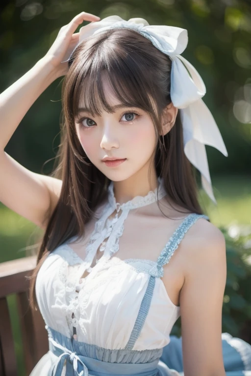 Georgeous, Beautiful, Russian Baby Face, 18 Years Old, White Skin, Cleavage, Large Colossal Breasts, Sexy Look, Sleeveless, (White Lace ta), (Lace Cloak), Flower Headband, Holdup Stocking, Mini Skirt, ((Bright Retina)), Open Mouth, ((Muscles:1.3)), ((Bokeh1.1)), Empty Land Outdoor, Masterpiece, ((Bangs Hair Long Twintail)), (Blue Sky), (HDR)