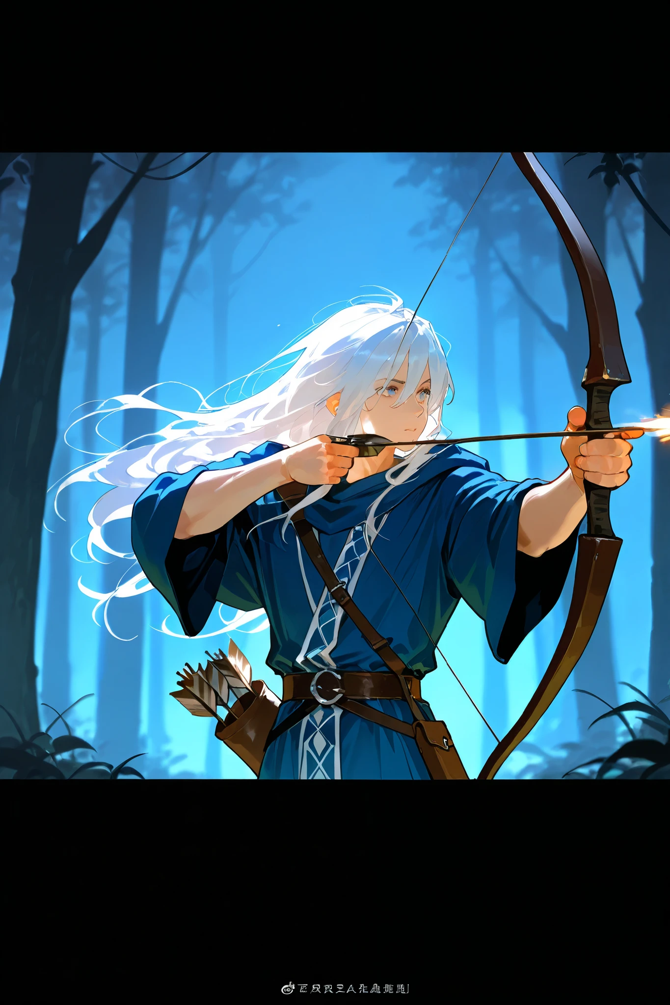 best quality, masterpiece,highest resolution,dark forest background, 1male, white hair, long hair, blue robe, solo,fantasy, quiver, bow, aiming,
