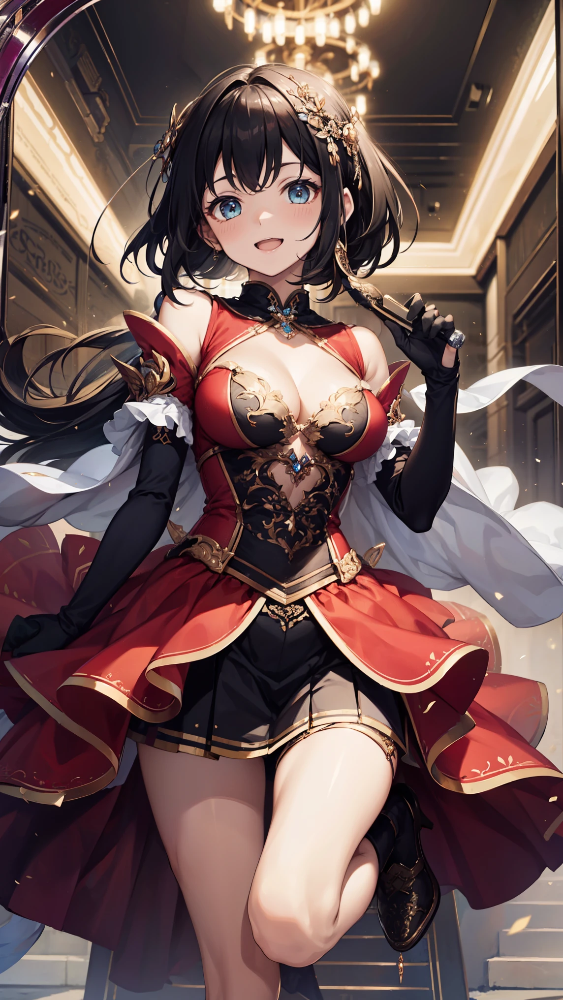 yor briar, anime style beutiful woman, 1girl,full body, happy, smile, red face, closed mouth, beautiful detailed eyes, super detailed skin, backlighting, bare shoulders, black background, black dress, black gloves, black hair, breasts, dress, earrings, fingerless gloves, floating hair, floral print, flower, gloves, gold earrings, gold hairband, hair flower, hair ornament, hairband, holding, holding weapon, jewelry, large breasts, long hair, looking at viewer, off-shoulder dress, off shoulder,red eyes, short hair with long locks, sidelocks, solo, spikes, thighs, two-sided dress, two-sided fabric, weapon, fighting stance , face, close up, from above, highest quality, high resolution.
