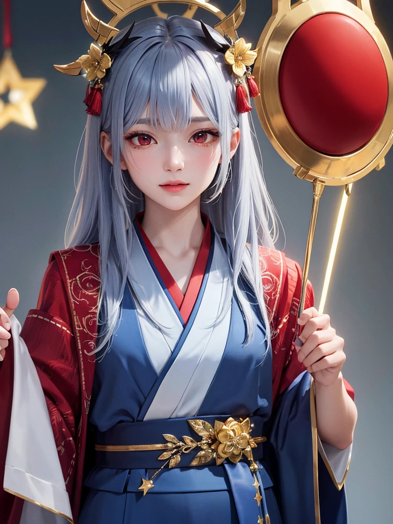 Japan girl is very cute。I have red eyes、Wearing flashy national costumes、Silver-haired braid、Wearing a lot of ornaments、Royal Girl、