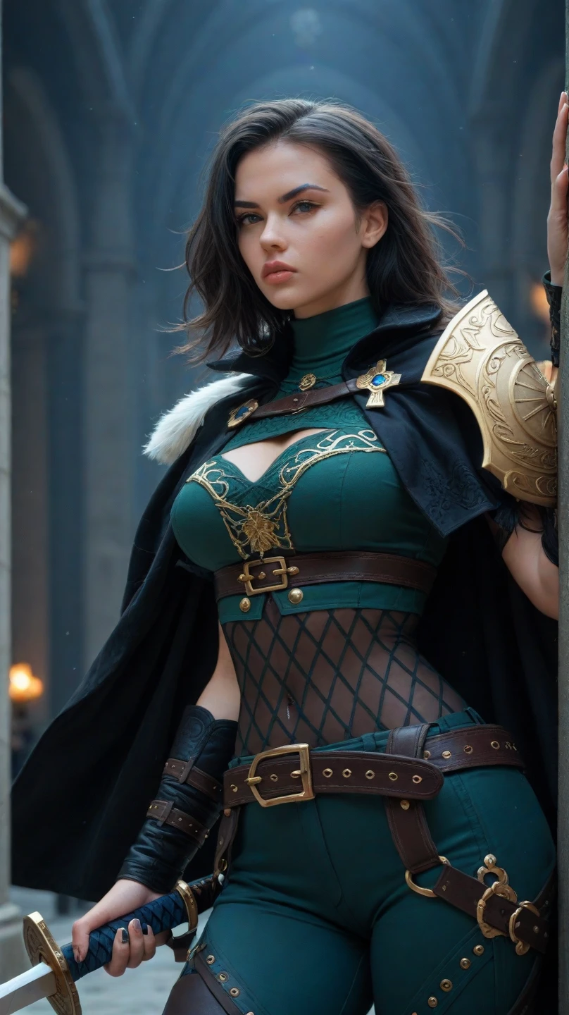 She has a mature, defined face with a firm jawline and high cheekbones, intense green eyes, and long black hair styled in an elegant bun with loose strands framing her face. Her skin is tanned and glowing. She has a curvier and more athletic physique, with well-defined muscles and an imposing yet graceful presence. Elara is wearing an elaborate armor made from the spoils of Nargoth. The armor is dark metal with glowing runes and features blue, ice-like adornments. It includes stylized shoulder pads, a robust chestplate with dragon emblems, and a flowing cape, reflecting strength and elegance.