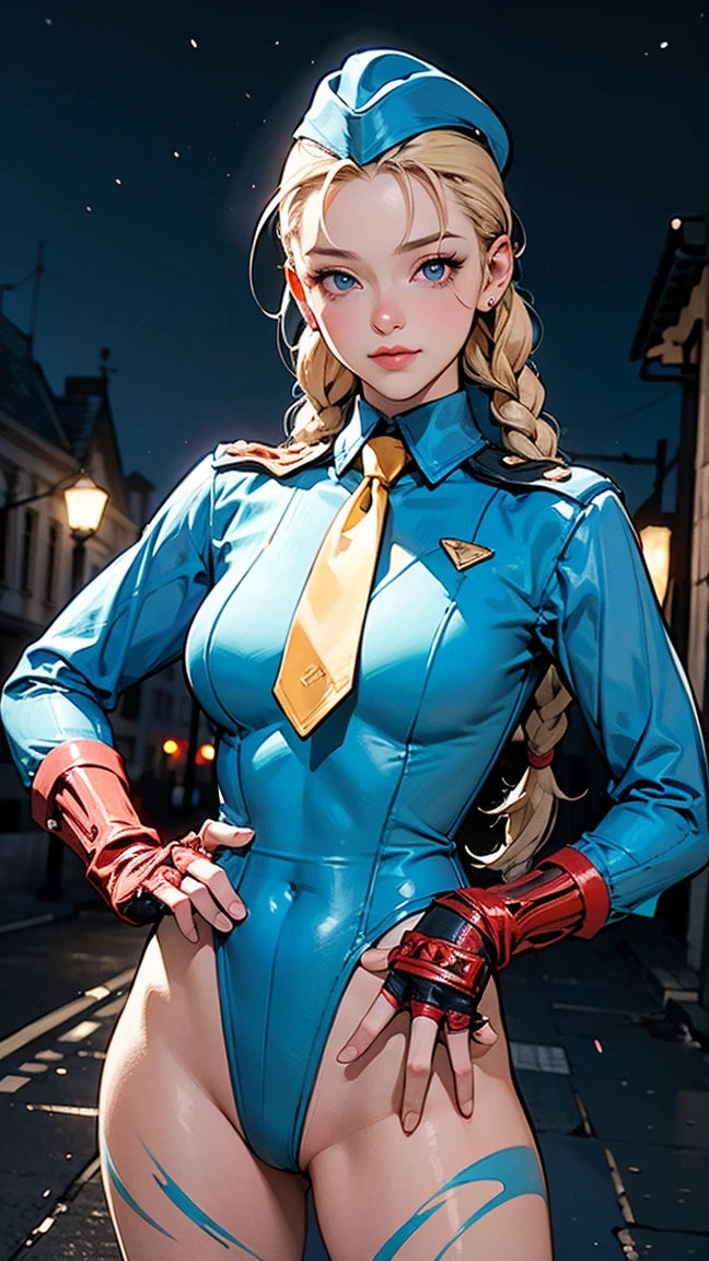 masterpiece, best quality, highres, 1girl, cammy white, twin braids, long hair, blonde hair, antenna hair, garrison cap, blue headwear, blue eyes, scar on cheek, large breasts, yellow necktie, (blue leotard:1.1), long sleeves, fingerless gloves, bodypaint, <lora:cammy_white_v1:0.7>, cowboy shot, standing, outdoors,
