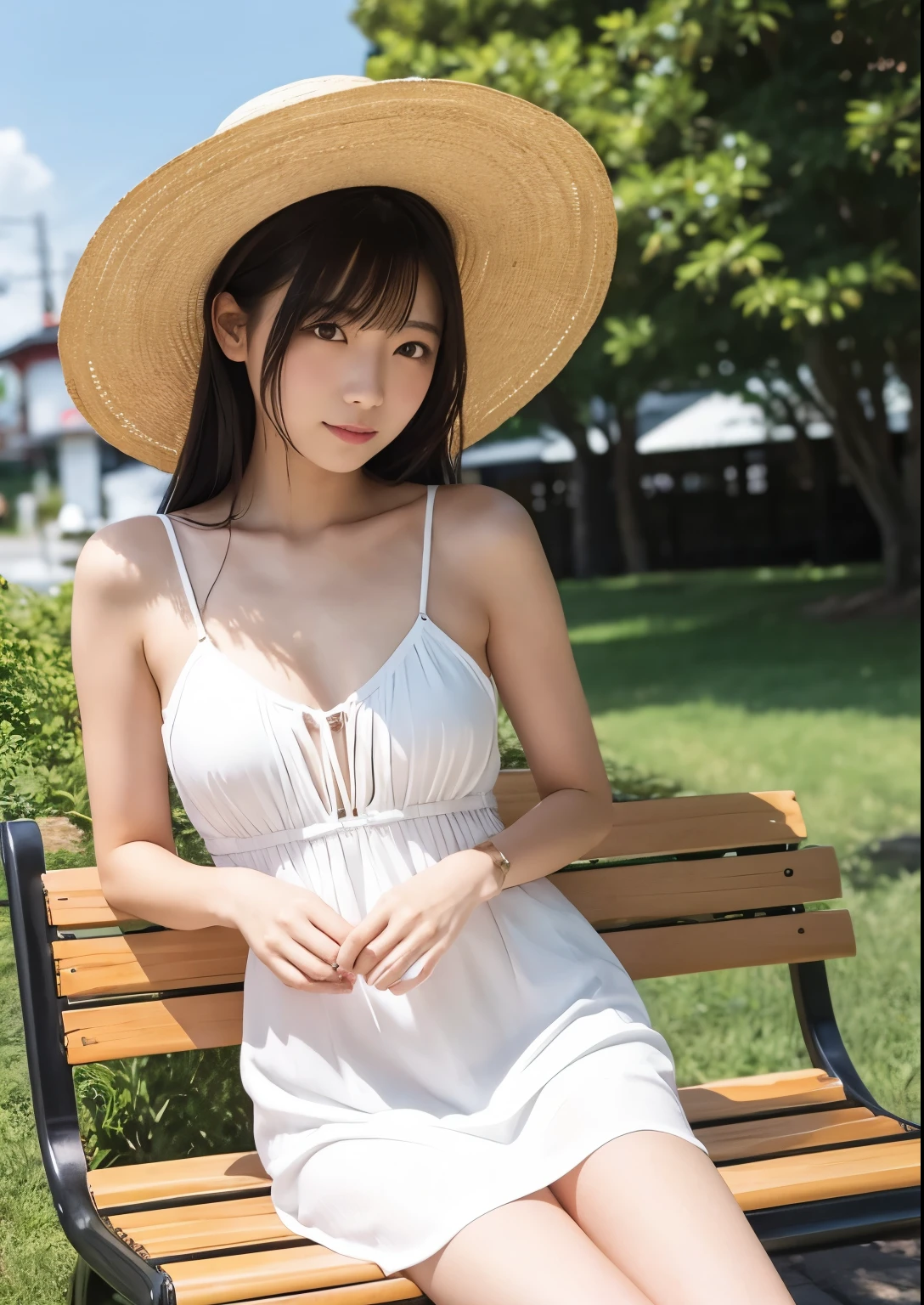 (​masterpiece)、(top-quality: 1.4)、absurderes、[:intricate-detail: 0.2]、1 girl in、SFW、JAV Cover、Girl in white dress standing next to bicycle、japanes、wearing a wet white short dress、Young farmers in Japan、a straw fedora hat、Happy