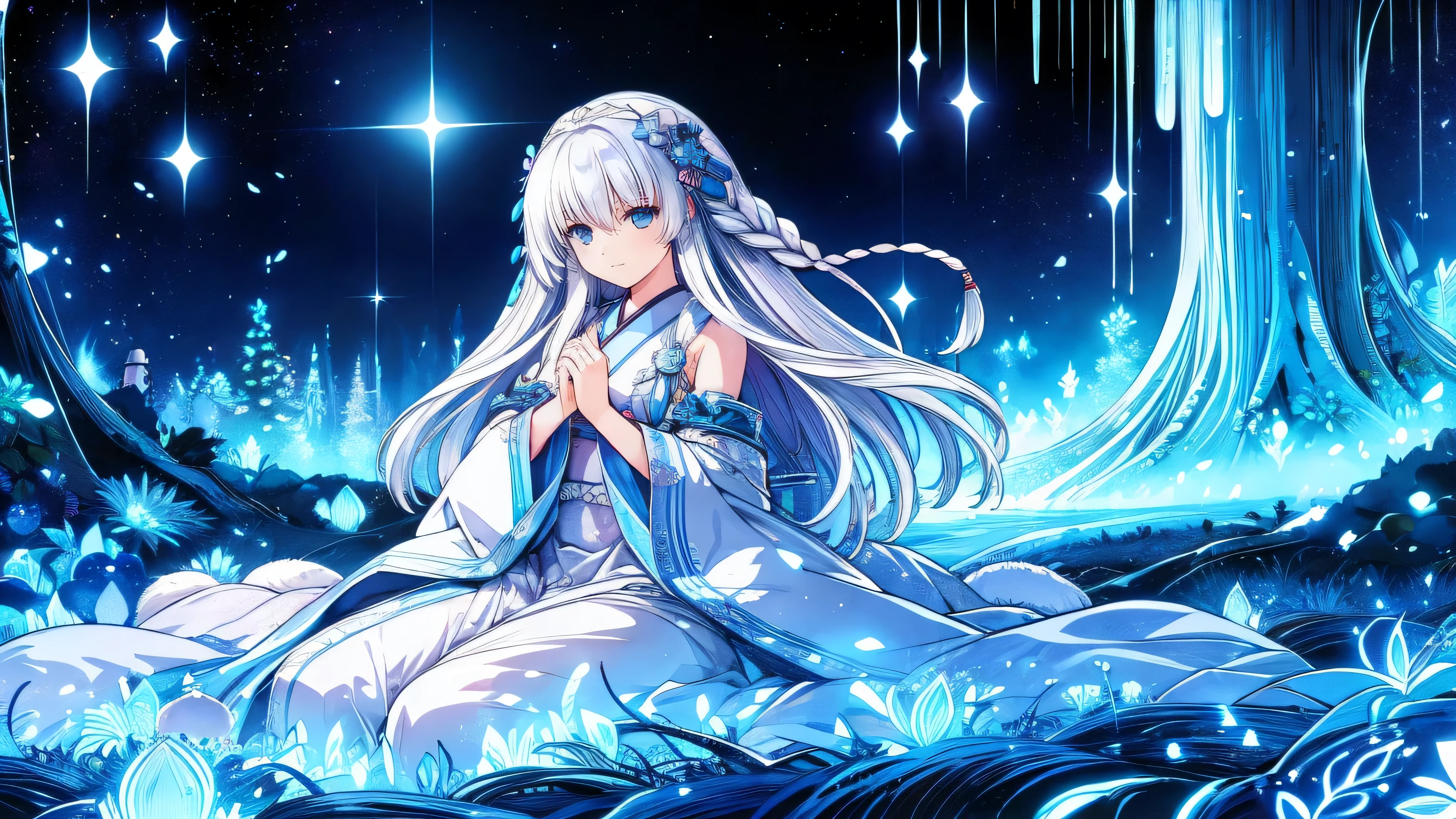 wearing a pure white dress with fluffy wool 、 A beautiful and cute Japanese goddess 。 has large spiraling sheep horns on her head 、 long silver-haired hair receiving the moonlight The shining 。 is staring at me with a gentle and gentle smile 、Those eyes are stars 々 brilliance 。 The background is in the middle of a vast prairie 、 countless stars twinkling in the night sky 、 meteors are flowing slowly 。 the air is mysterious and has 、 wrapped in a noble aura as if magic were in the air