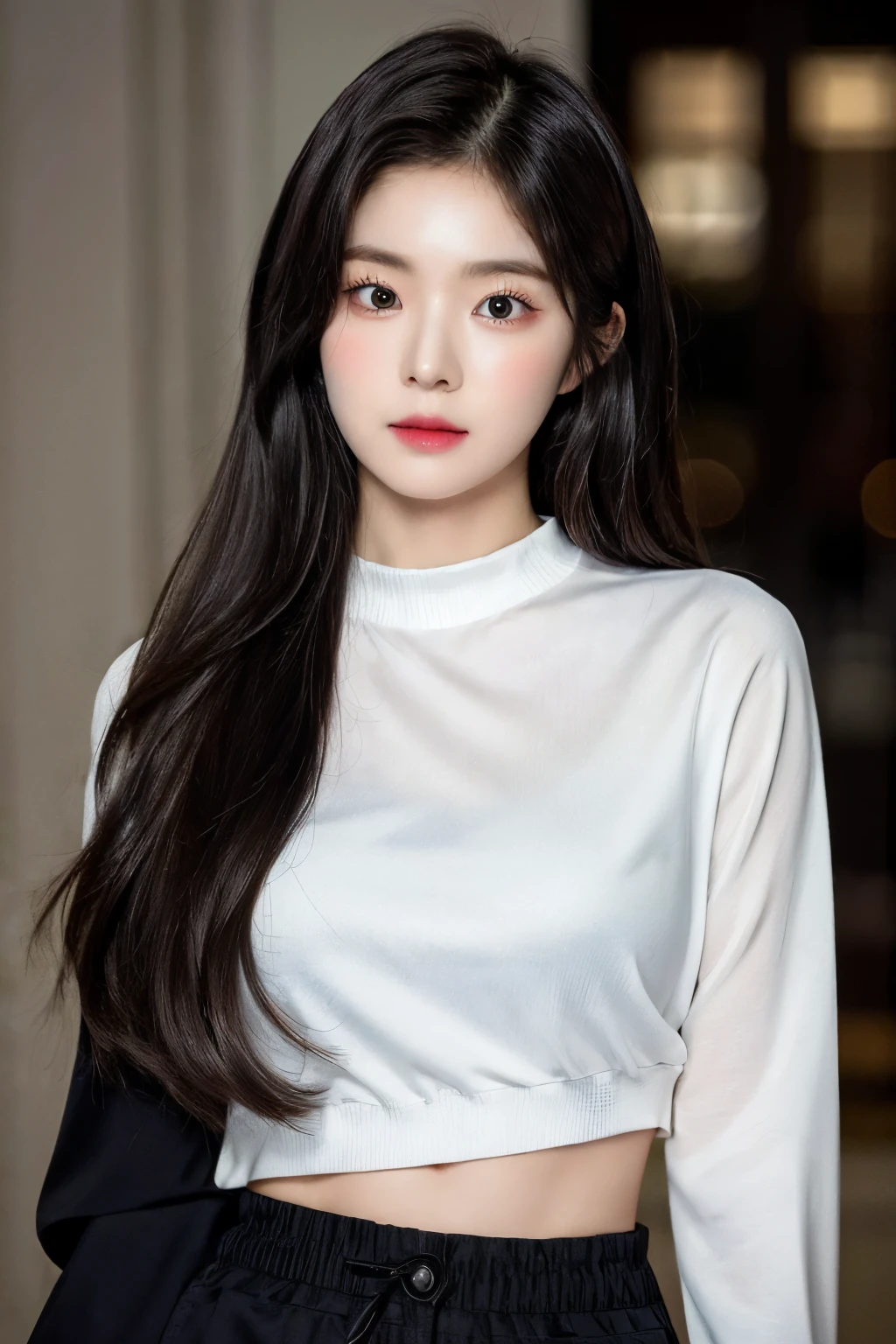 ((Masterpiece, high resolution, ultra detailed, 8k, raw photo, photo-realistic)), 1 girl, graceful, soft skin, delicate face, perfect face, perfect eyes, (lying silkworm), black pink hair colour, long hair, long sleeved t-shirt, cargo pants, ((tight outfit)), random pose, sexy girl